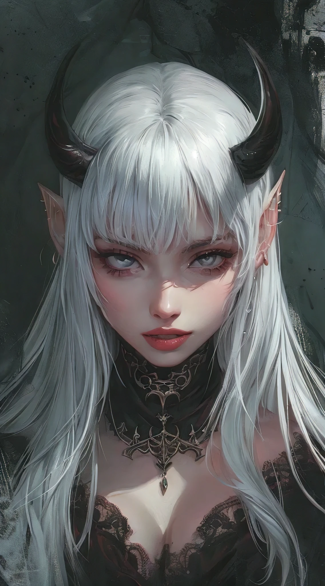 an anime girl with white hair, creepy smile, she have horns, demon aesthetic, vampire aesthetic, pointed incisors, meticulous, in the style of Junji Ito