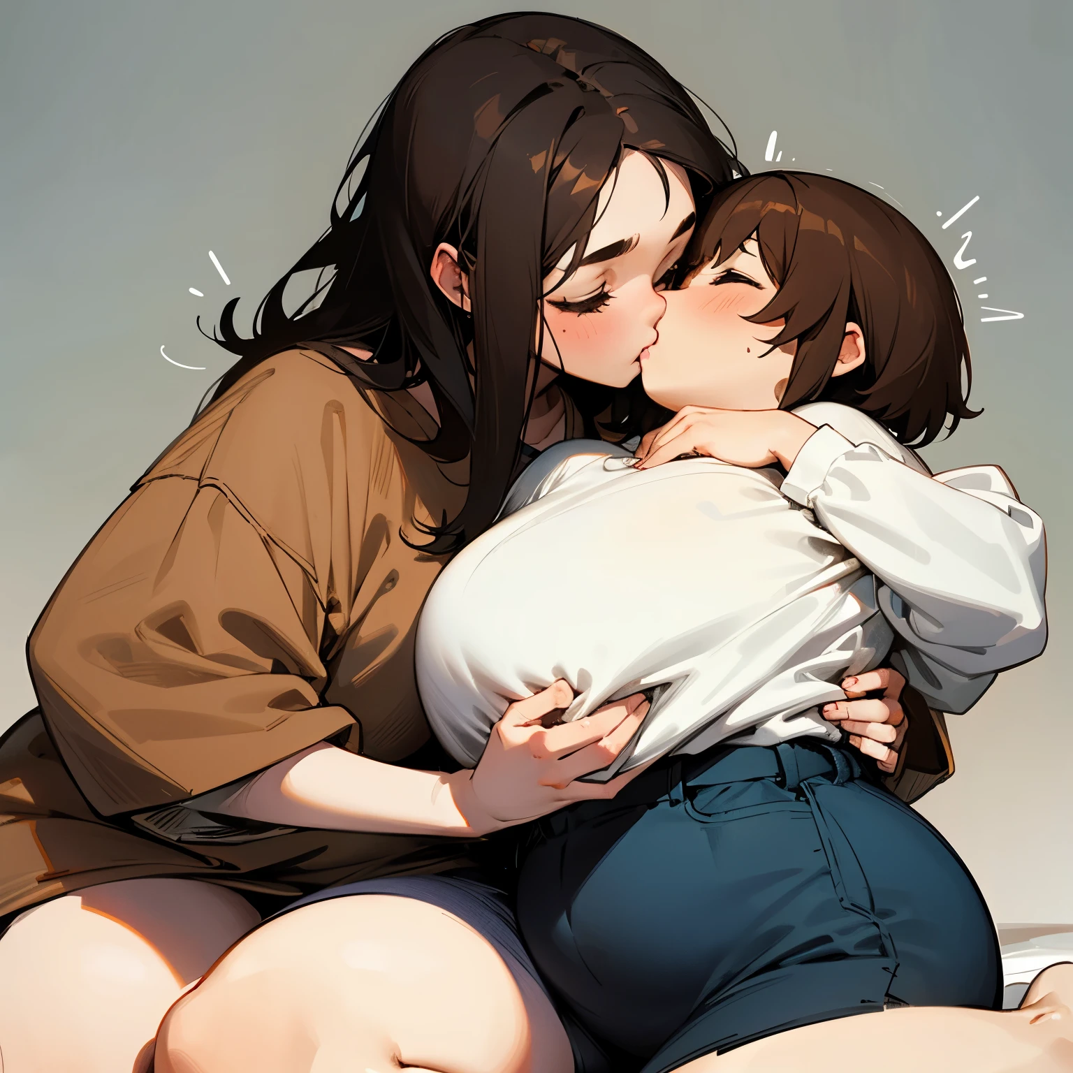 Fat girl with short black hair and tall girl with long brown hair kissing