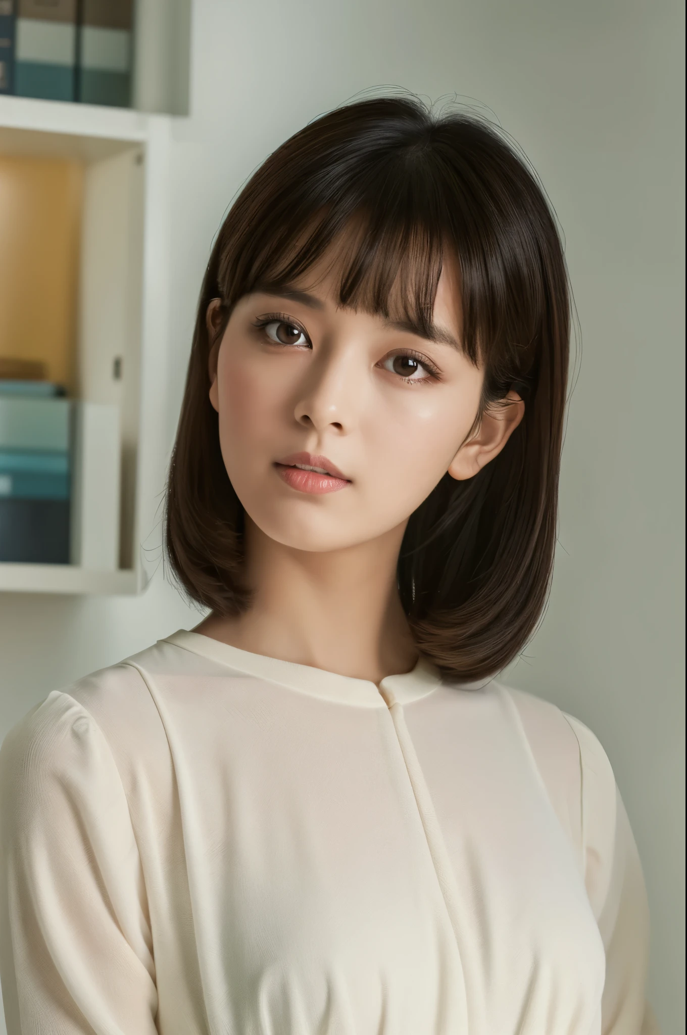 ((masterpiece,top-quality)), (photographrealistic:1.4),((masutepiece,8K)),hight resolution,Studio Soft Light, Rim Lights, vibrant detail, realistic skin textures,Japanese, 1 beautiful woman, bob Hair, faint thin bangs, make - up, 34 years old, Detailed skin, long-sleeve tunic blouse, wide-leg pants, Standing, White background, White Room,white walls, fully body photolooking at viewer
