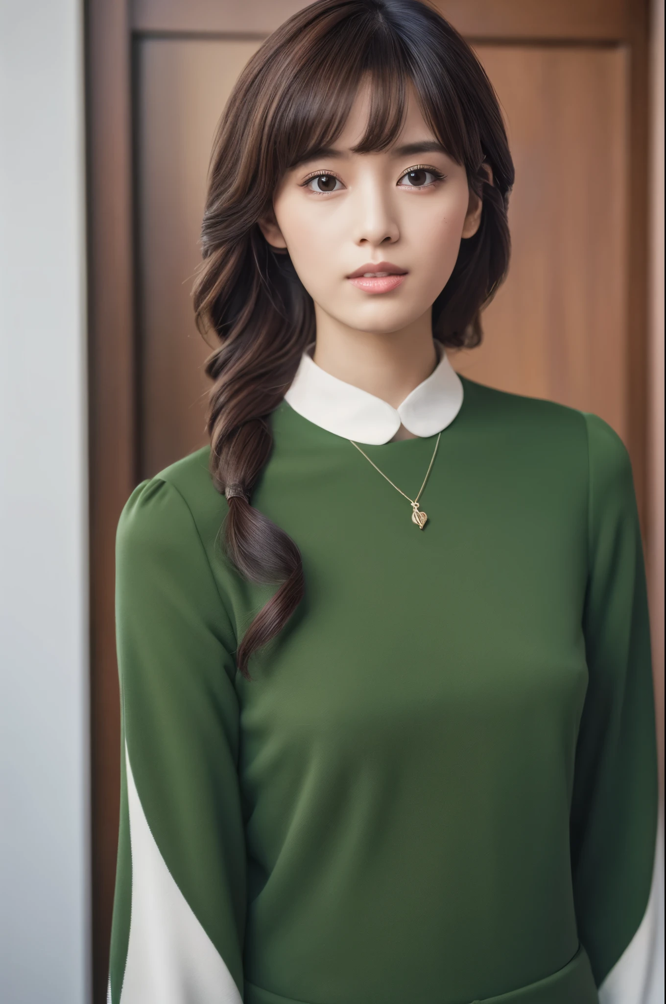 ((masterpiece,top-quality)), (photographrealistic:1.4),((masutepiece,8K)),hight resolution,Studio Soft Light, Rim Lights, vibrant detail, realistic skin textures,Japanese, 1 beautiful woman, bob Hair, faint thin bangs, make - up, 34 years old, Detailed skin, long-sleeve tunic blouse, wide-leg pants, Standing, White background, White Room,white walls, fully body photolooking at viewer