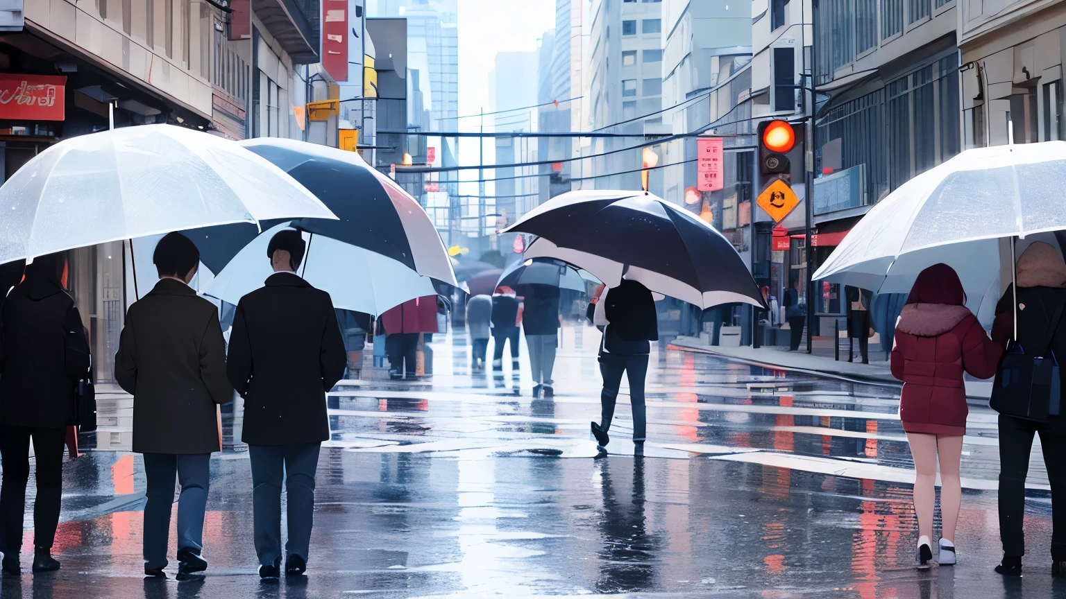 rainy sky, heavy rain、The background is the building street outside、raindrops、many people holding umbrellas