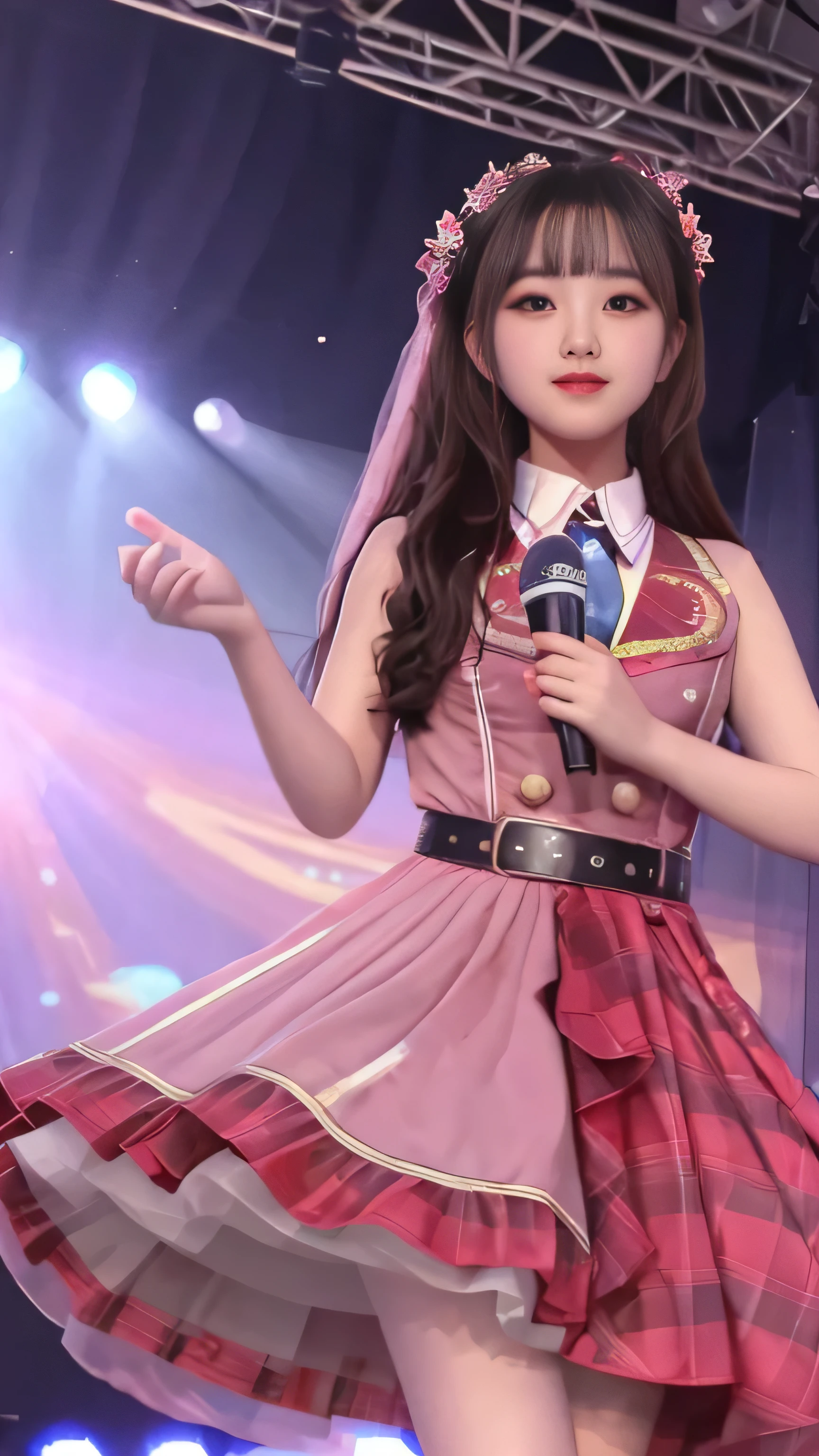 1 girl , (beautiful view to the east:1), (Delicate and detailed facial features:1), HDTV quality, super clear resolution, movie quality,pretty girl,Dress up in gorgeous stage costumes,Standing on a stage,Sing and dance with a microphone,spotlight shines on the body,Full of energy