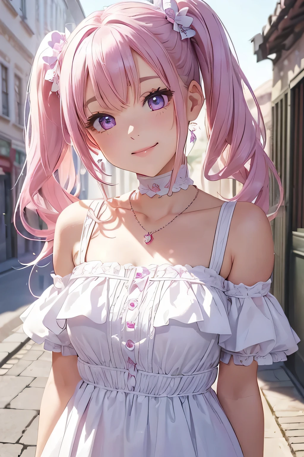 (((highest quality))), ((super detailed)),((very delicate and beautiful)), ((16k)), Pink pigtails, purple eyes, choker (types of necklaces), She is wearing a cute and adorable white costume, smile, Background of the cityscape,