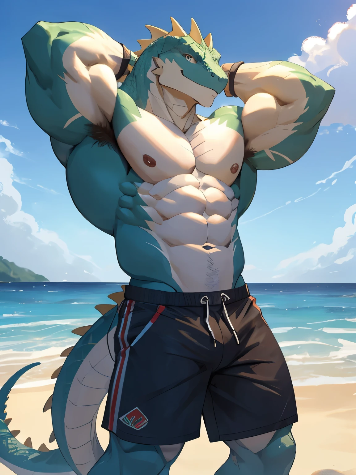 Lizard, good looking, male, anthro, shorts, ultradetailed, muscular, solo, bareness, rippling muscles, muscles, beach background, tail, looking at viewer, hands behind head, casual, scales