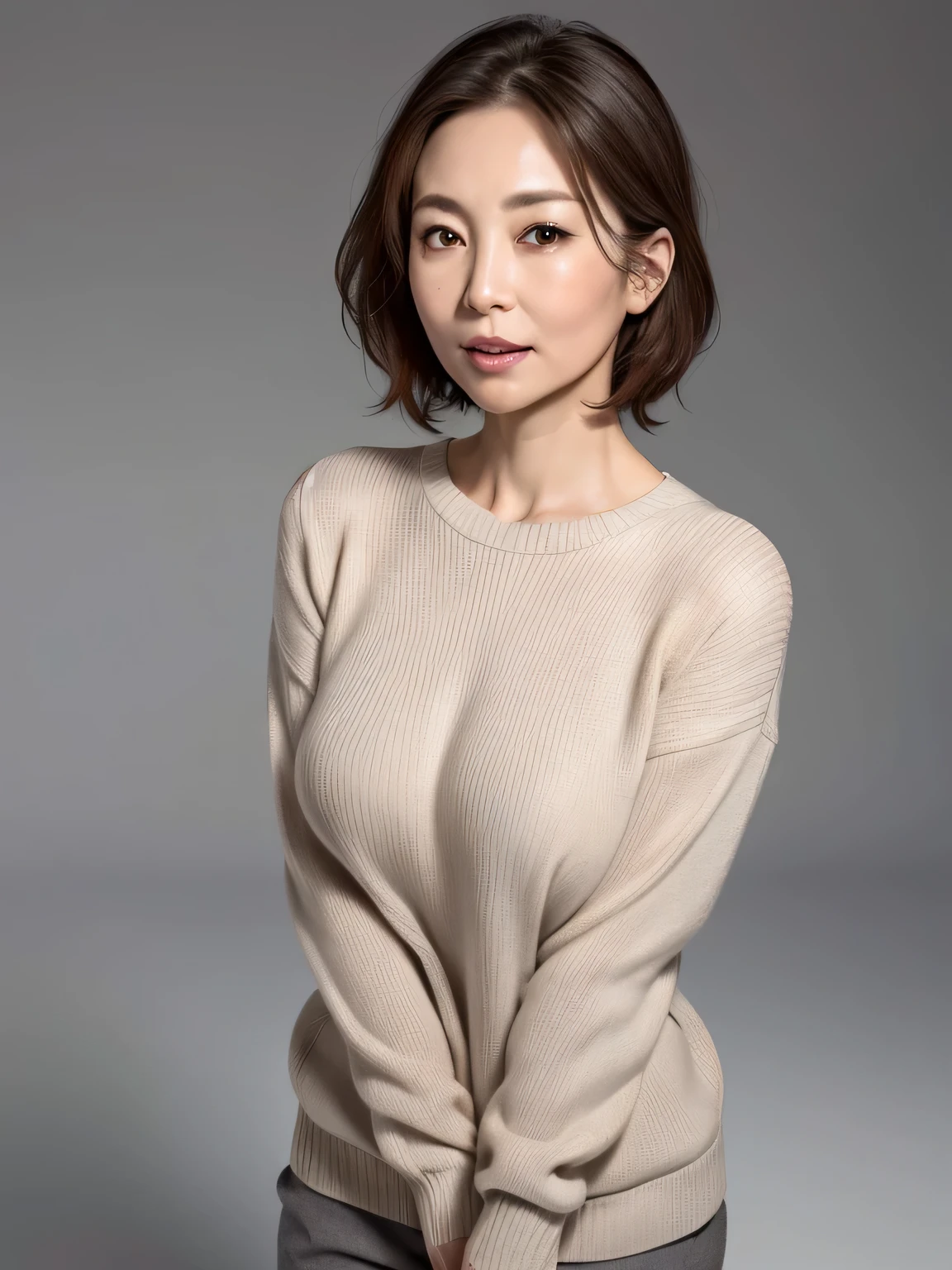 High resolution, High level image quality, high detail, masterpiece, rough skin, anatomically correct, sharp, gray background ((japanese mature, 50 years old)), alone, ((facial wrinkles)), good shape big breasts, Straight light brown hair that reaches to the shoulders, Chubby body type, (((stand upright, facing the center of the screen.))), Staring straight ahead with an open mouth and a tired face, ,sweater, pants,