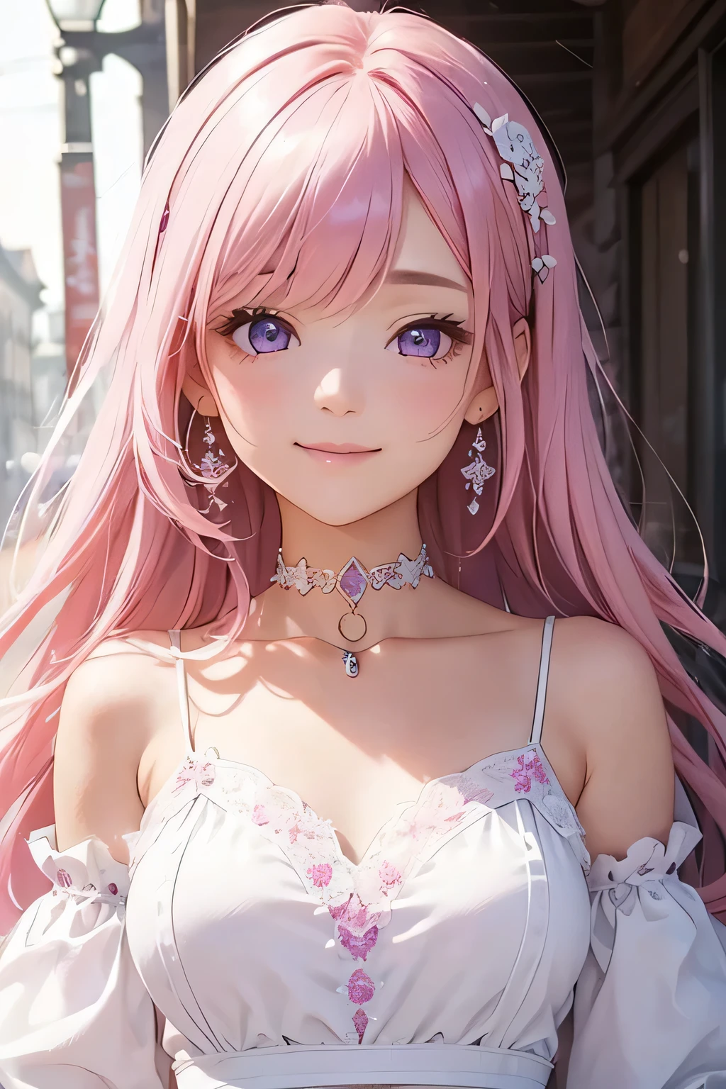 (((highest quality))), ((super detailed)),((very delicate and beautiful)), ((16k)), girl, pink hair, purple eyes, choker (types of necklaces), She is wearing a cute and adorable white costume, smile, Background of the cityscape,
