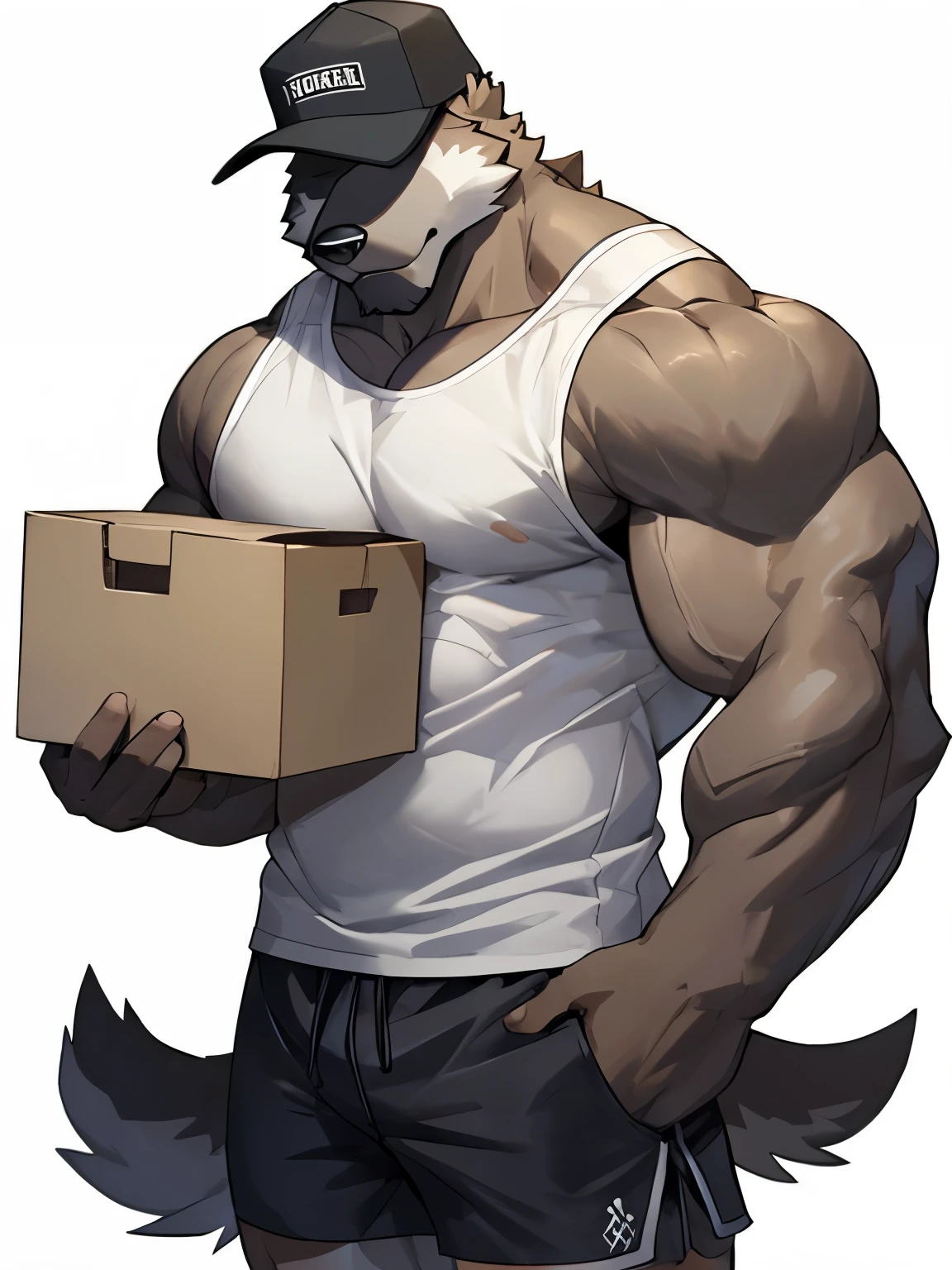 Dog, good looking, male, anthro, shorts, ultradetailed, muscular, solo, bareness, rippling muscles, muscles, simple background, white background, tail, carrying box, cap, obscured eyes, serious, sleeveless shirt, two-tone fur, grey-and-white fur