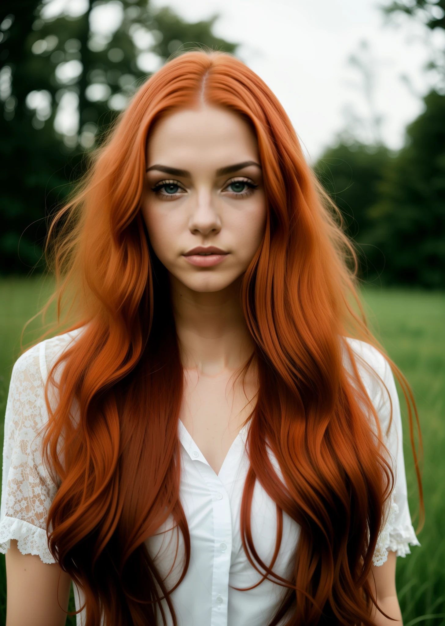 a woman with pelo largo de color rojo and blue eyes standing in a field, flowing pelirrojo, wild pelirrojo, long pelirrojo, pelo ondulado de jengibre, chica pelirroja, pelo rojo largo y brillante, pelo rojo suave, pelirrojo, pelo rojo largo y suelto, pelo rojo largo y suelto, ella tiene el pelo largo y renaranjado, pelo largo de color rojo, Pelo largo rojo claro, pelo rojizo