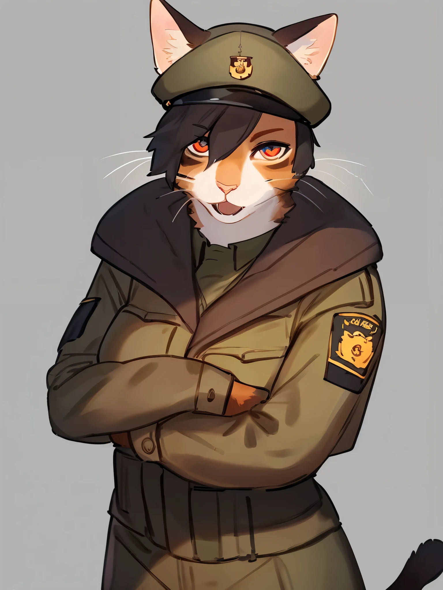 By bebebebebe, by lostgoose, by goonie-san, solo, female, standing, feline, interesting fur pattern, grey fur, (cat, snout, hair), detailed eyes, looking at viewer, open mouth, soldier, military uniform, brown camo, black beret