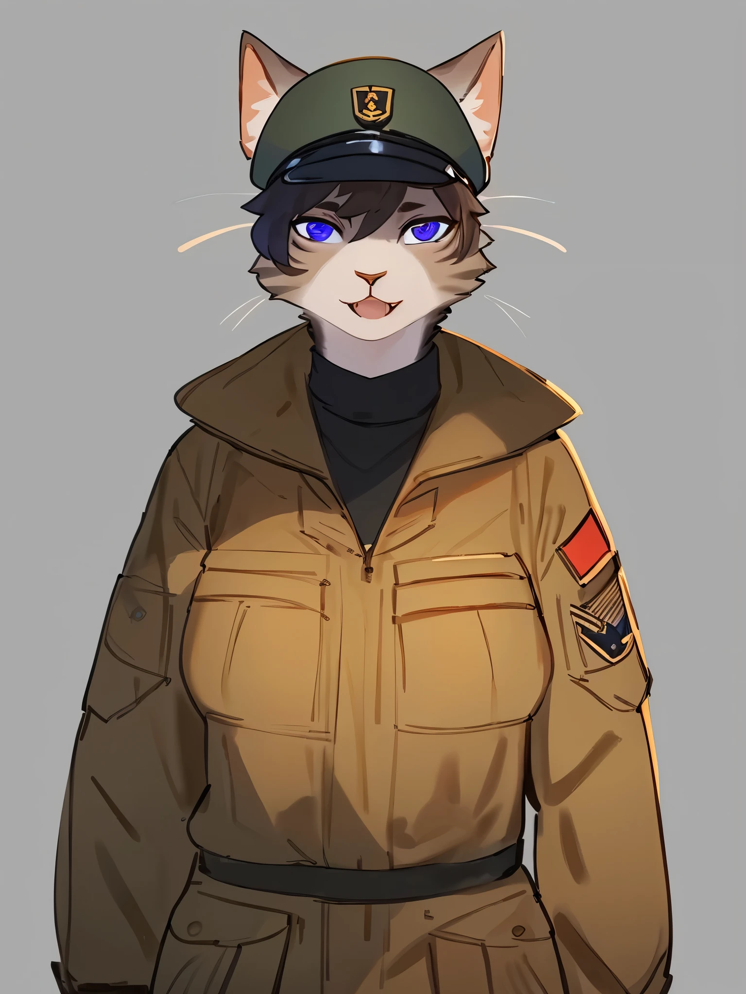 By bebebebebe, by lostgoose, by goonie-san, solo, female, standing, feline, interesting fur pattern, grey fur, (cat, snout, hair), detailed eyes, looking at viewer, open mouth, soldier, military uniform, brown camo, black beret