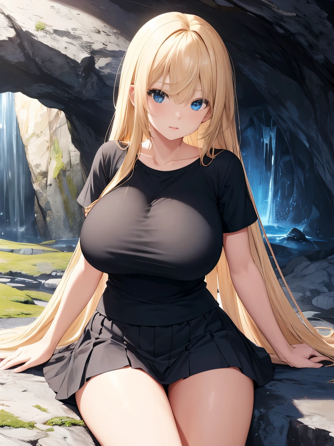 1woman,Sit in the cave, expression scared,,super beautiful,cute,very detailed face, HD face, perfect face,black t-shirt,short sleeve t-shirt,black mini skirt, ruffle skirt,very big breasts,Blonde hair,long hair,straight hair,bangs,blue eyes,ultra detail,ultra Hd, masterpiece,4k