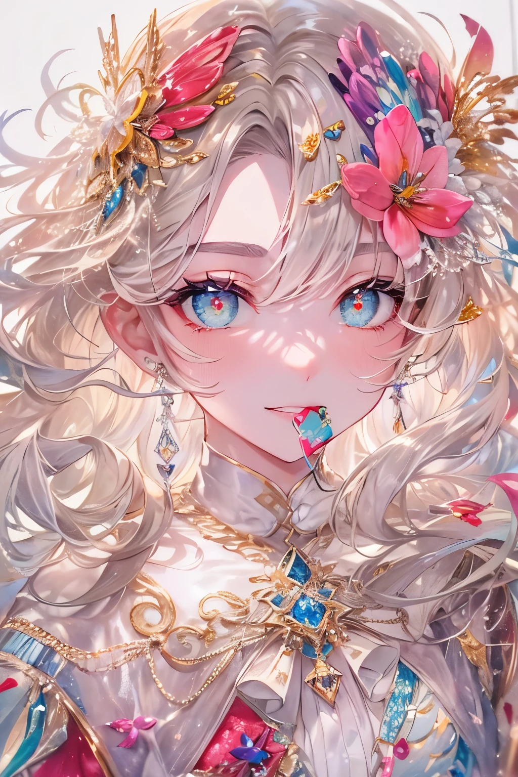 A girl with big heart-shaped pupils and red irises.：1.8、pink、smile、((​masterpiece、top-quality、Watercolor art、Official art、Beautifully Aesthetic:1.2))、(1girl in:1.3)、(rainbows:0.3)、full body Esbian、((Glitter pupils))、patterns、Writing、((Shy face))、(Standing)、(Hyper-detailing), ((delicate detail)), (intricate detailes), ((ciinematic light, best quality backlight)), highcontrast, ((The best lighting, extremely delicate and beautiful)), ((ciinematic light))、(ray trace reflection、brilliance)、((glowing aura))、((Radiant hair))、((The ultra-detailliert))、((8K)),Sleeping in bed with one eye closed