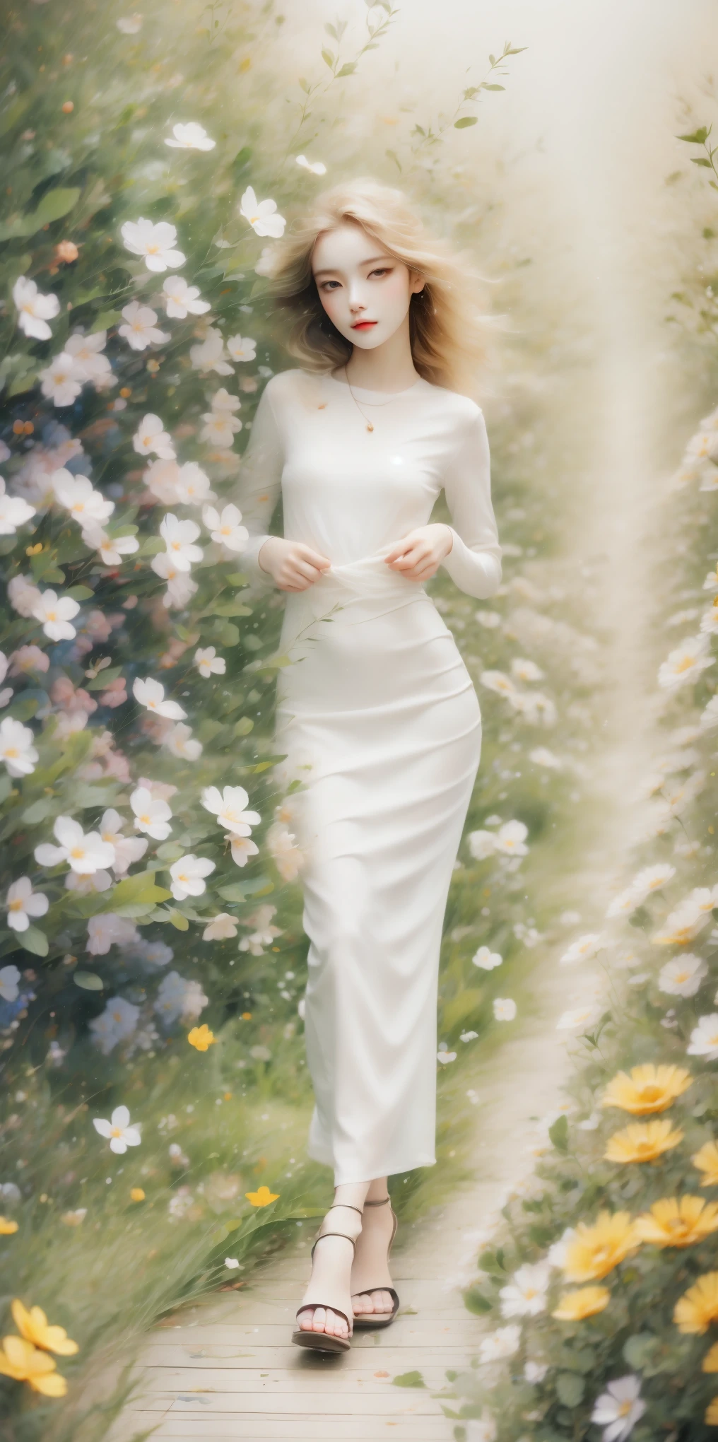 Beautiful woman in a dream space, Tight ultra-thin dress gold, 18K, {{masterpiece}}, best quality, high quality:1.4), {{[[Look head-on}}, Eye_touch,Various photo taking actions)]], The face is beautiful, and very pretty Eyes, Lovely图像, (((Full body image))),（（beautiful legs））, perfect body proportions，（slim sexy body）, （177 meters）, alone, long legs, charming, ，Lovely, pale skin, {{German girls 18 to 22 years old}}, look beautiful German girl and blue Eyes or green Eyes with platinum blonde hair color), Nordic German girl,Modern tailoring garments，see through clothes，Exterior，𝓡𝓸𝓶𝓪𝓷𝓽𝓲𝓬，Vision