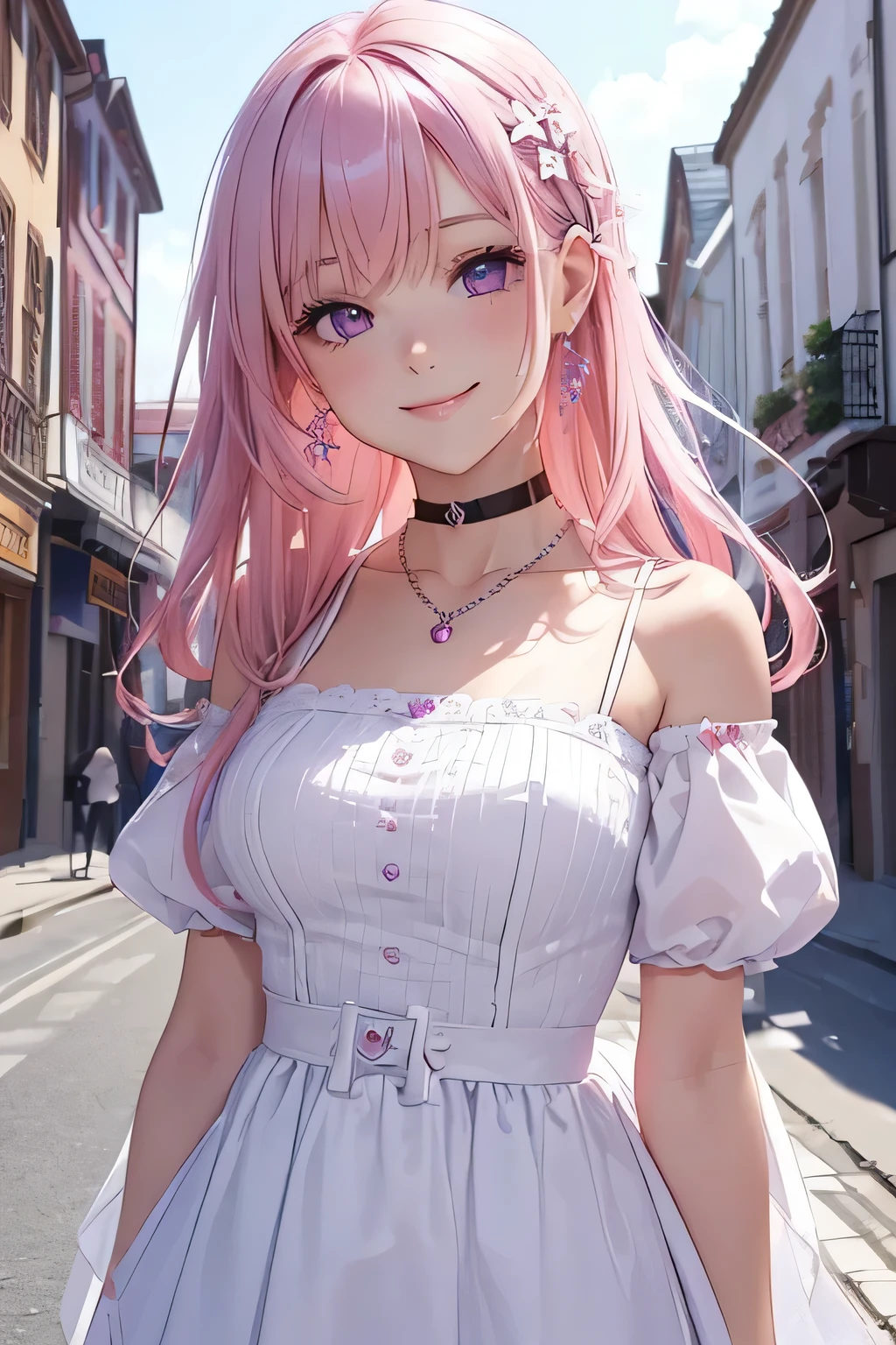 (((highest quality))), ((super detailed)),((very delicate and beautiful)), ((16k)), girl, pink hair, purple eyes, choker (types of necklaces), She is wearing a cute and adorable white costume, (smile), Background of the cityscape, date, 
