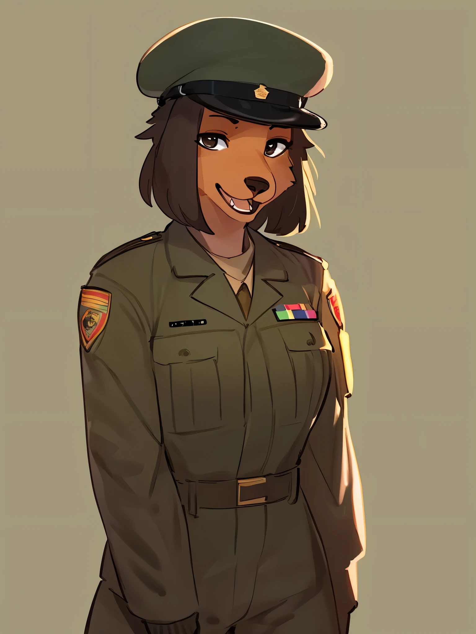 By bebebebebe, by lostgoose, by goonie-san, solo, female, standing, canine, (snout, hair), detailed eyes, looking at viewer, open mouth, soldier, military uniform, brown camo, black beret