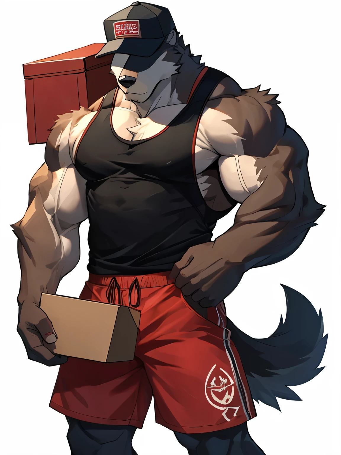 Dog, good looking, male, anthro, shorts, ultradetailed, muscular, solo, bareness, rippling muscles, muscles, simple background, white background, tail, carrying box, cap, obscured eyes, serious, sleeveless shirt, two-tone fur, black-and-red clothes,