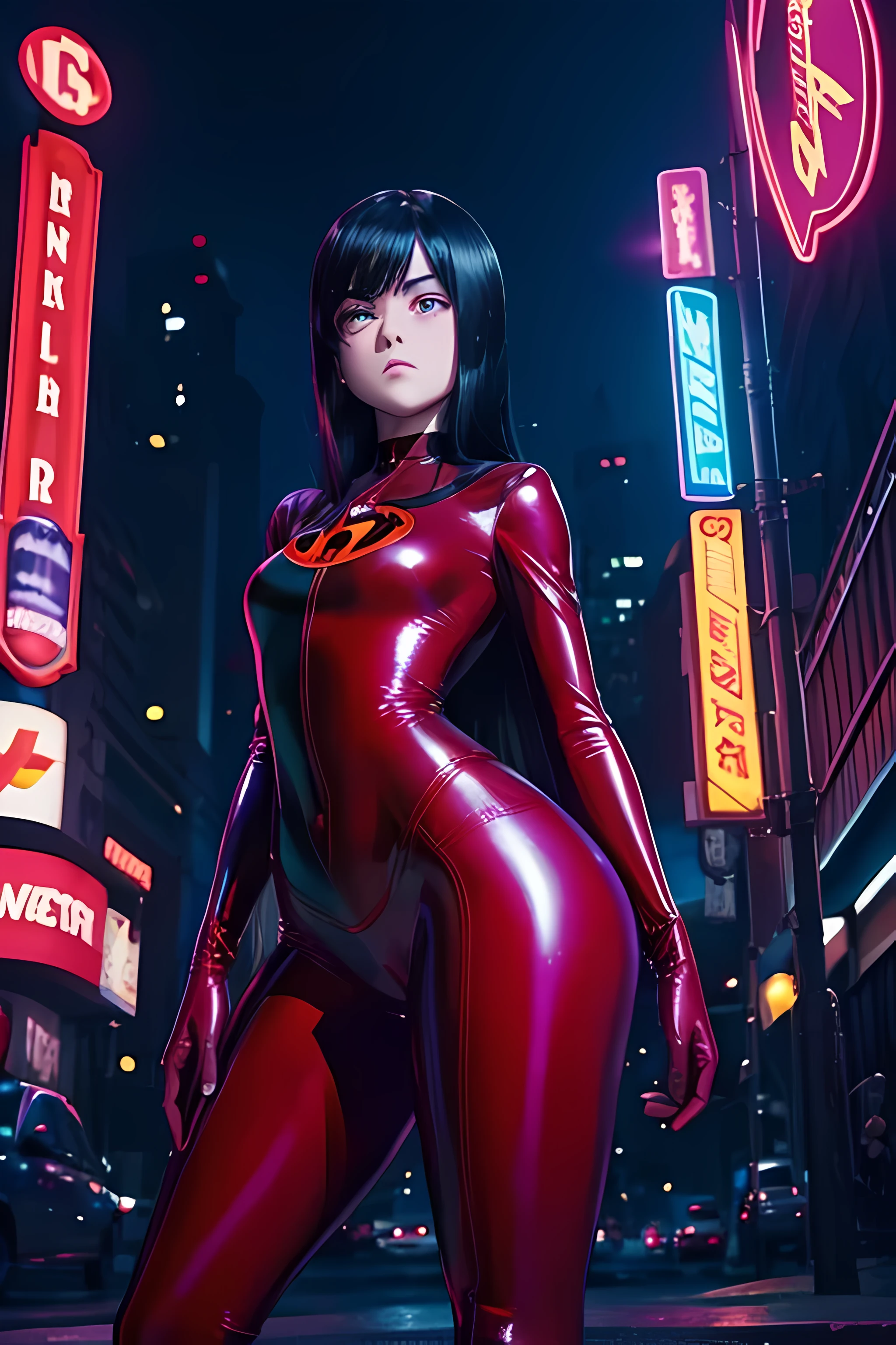 violet parr (pixar the incredibles) tight red latex suit, botas y guantes negras altas . chica en la calle en una esquina, noche, paisaje, escenario, neon lighting, enfocarse solo, de cerca, de un lado, prostituciones
