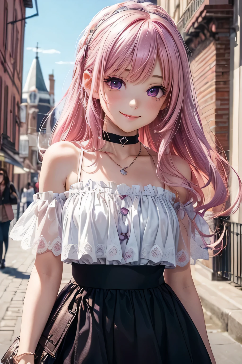 (((highest quality))), ((super detailed)),((very delicate and beautiful)), ((16k)), girl, pink hair, purple eyes, choker (types of necklaces), Wearing cute and adorable costumes, (smile), Background of the cityscape, date,