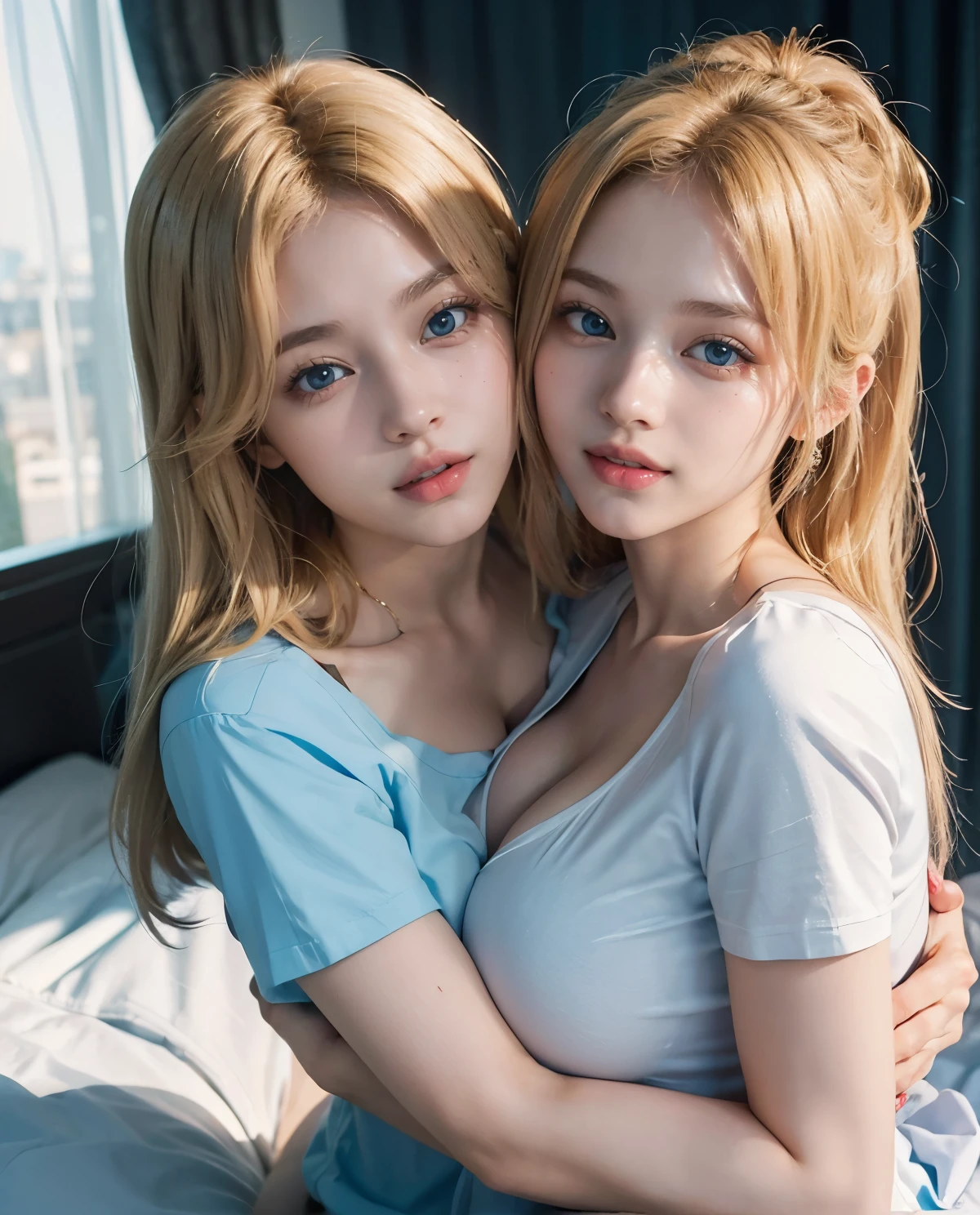 2girl, (Blue Eyes), (twins), (smiling :1.2), (Sana Minatozaki), (with his twin sister :1.4), (wide hips), (Big  :1.2), big ass, (Best Quality, 8k, Masterpiece: 1.3), Clear Focus: 1.2, Perfect Body Beauty: 1.4, Highly detailed face and skin texture, detailed eyes, double eyelids, (blonde long hair :1.2), (cleavage black t-shirt :1.3), (thong), (hugging, squeezing their breasts :1.3), in bed, room