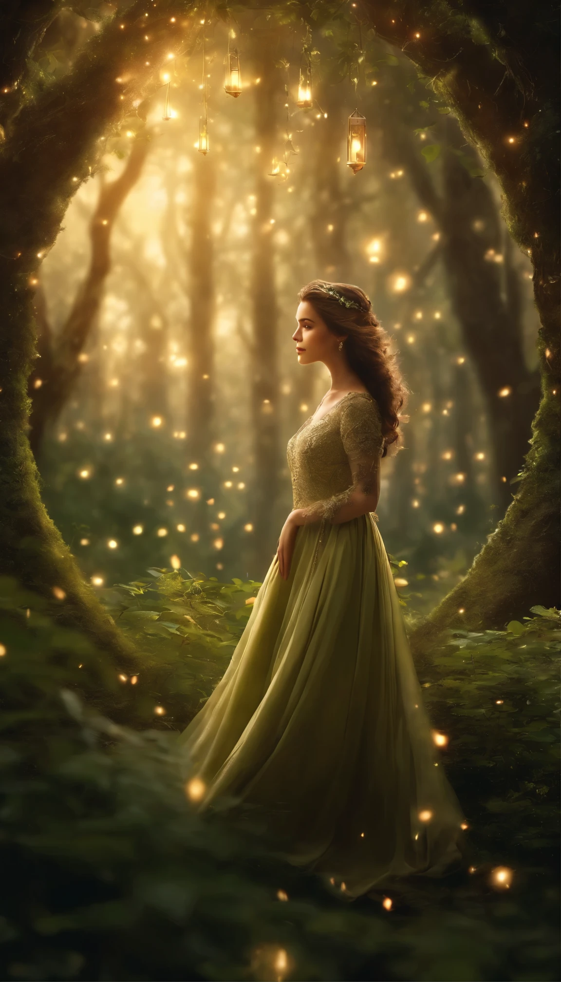 1 girl, ,,Symper Smile, High-definition images, woman, her hair was decorated with glowing fireflies, Eyes that shine enchantingly. Wearing a gown woven with moonlight, She is a tree々stands in a mysterious forest that comes to life。. scene, Surrounded by the magical glow of fireflies, captured in the style of a magical forest ar ticker ork., (masterpiece, highest quality, official art,intricate details:1.2)