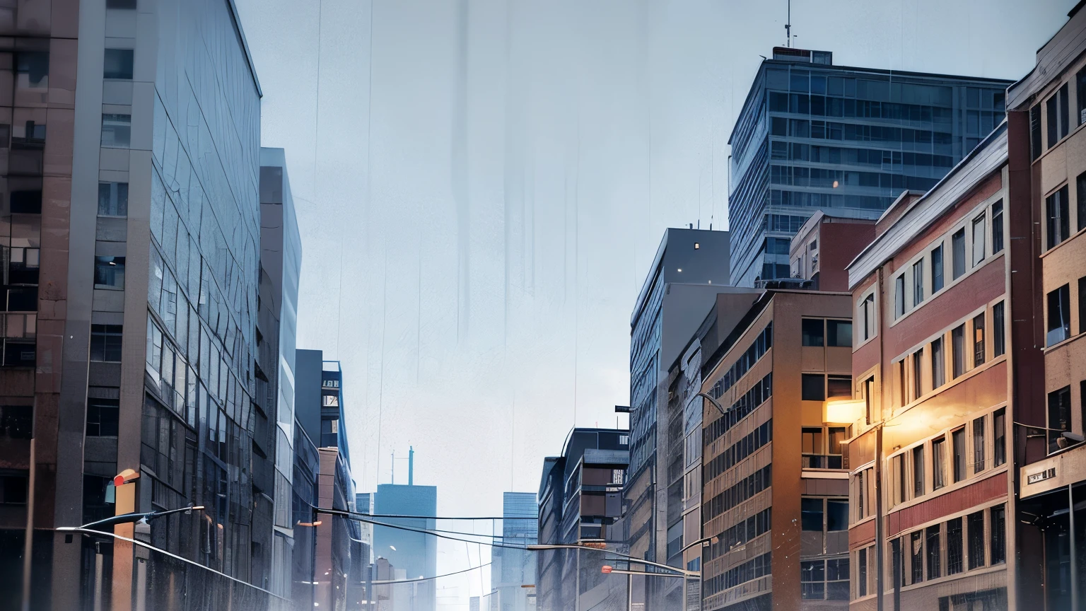 rainy sky, heavy rain、The background is the building street outside、I can see the raindrops、
