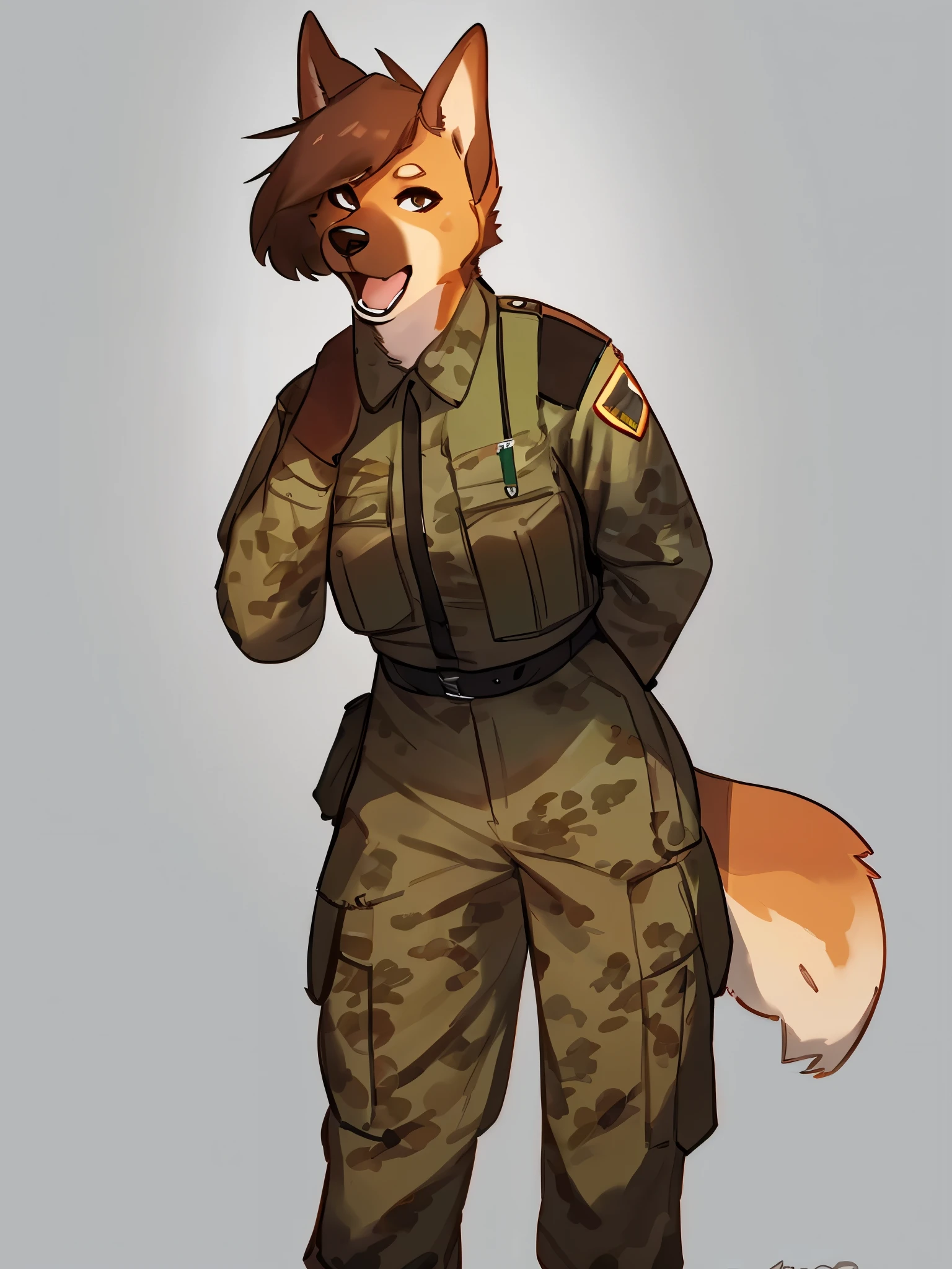 By bebebebebe, by lostgoose, by goonie-san, solo, female, standing, canine, (akita shepherd, snout, hair), detailed eyes, looking at viewer, open mouth, soldier, military uniform, brown camo, 