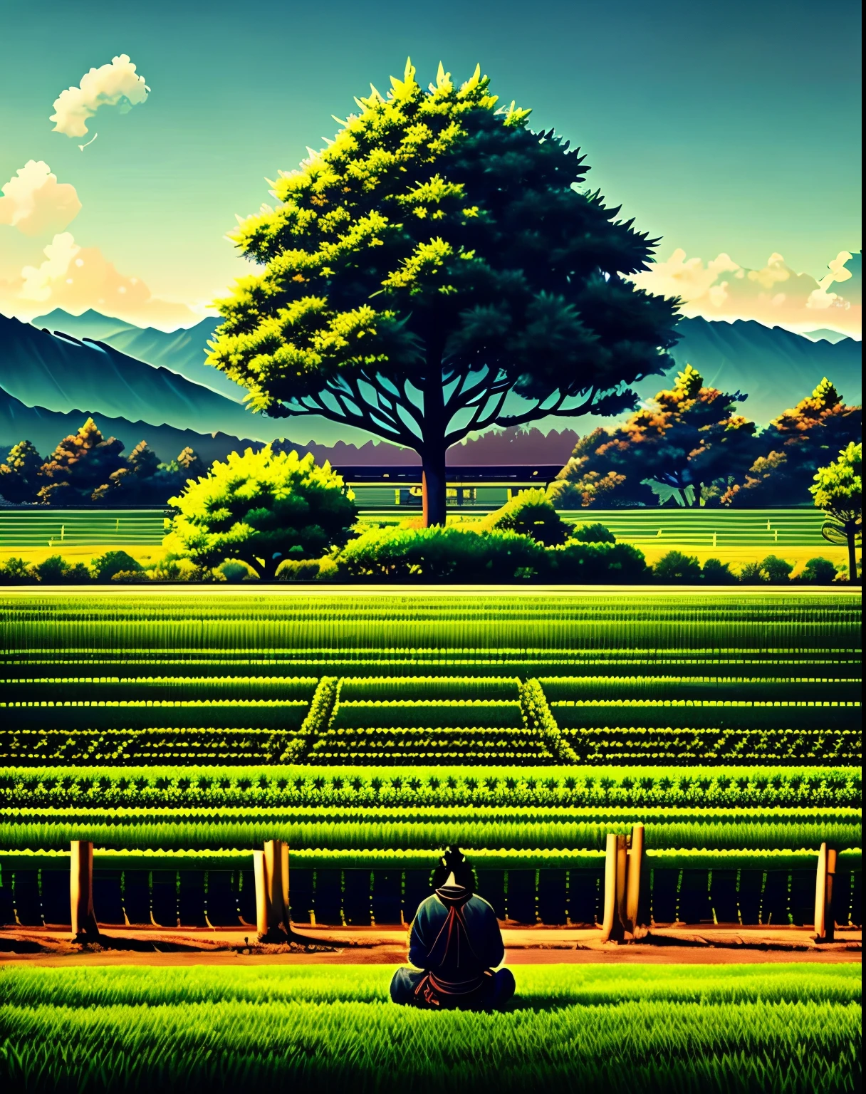 A beautiful setting with a cannabis plantation on all sides while a samurai rests nearby