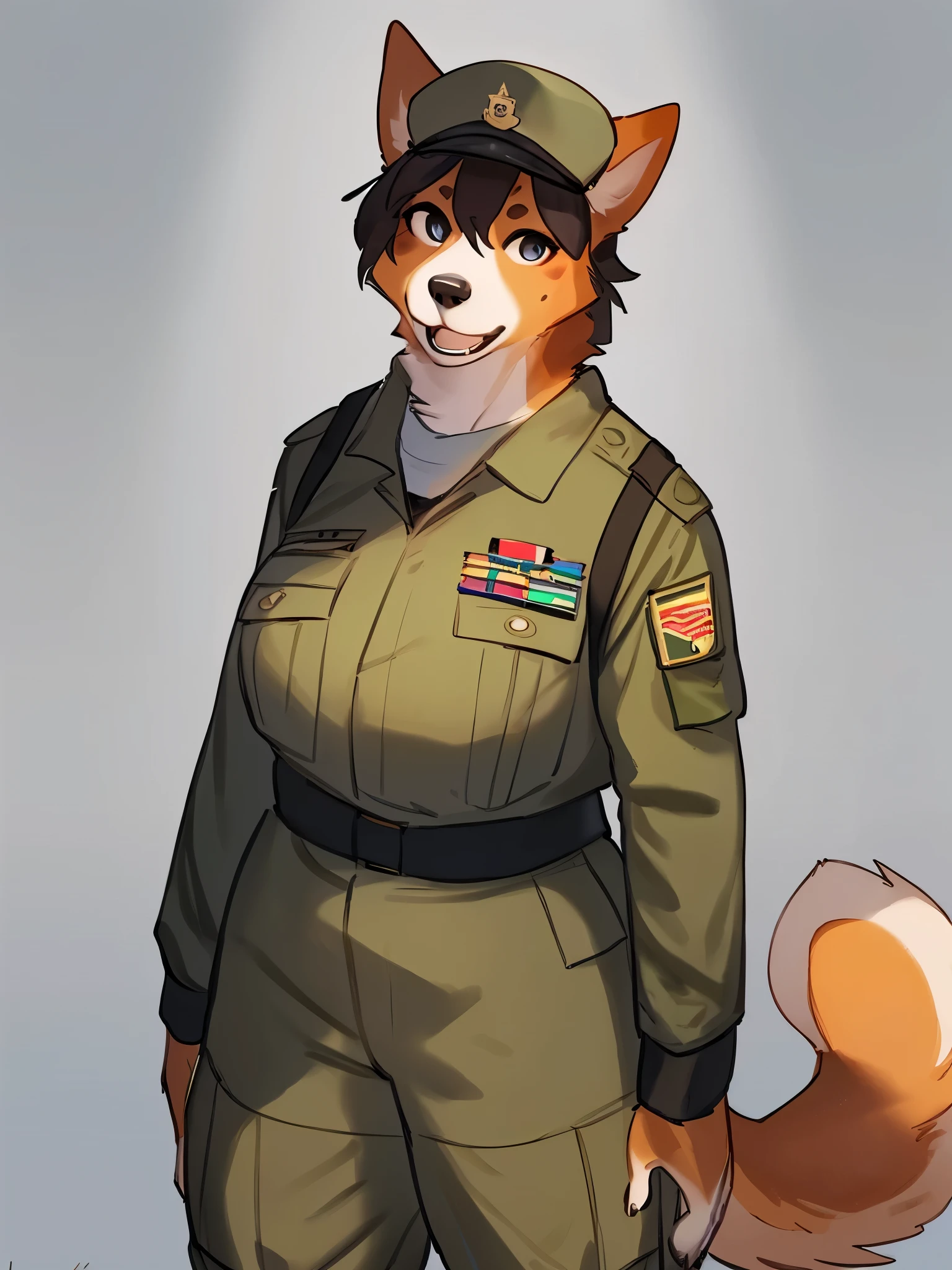 By bebebebebe, by lostgoose, by goonie-san, solo, female, standing, canine, (akita shepherd, snout, hair), detailed eyes, looking at viewer, open mouth, soldier, military uniform, brown camo,