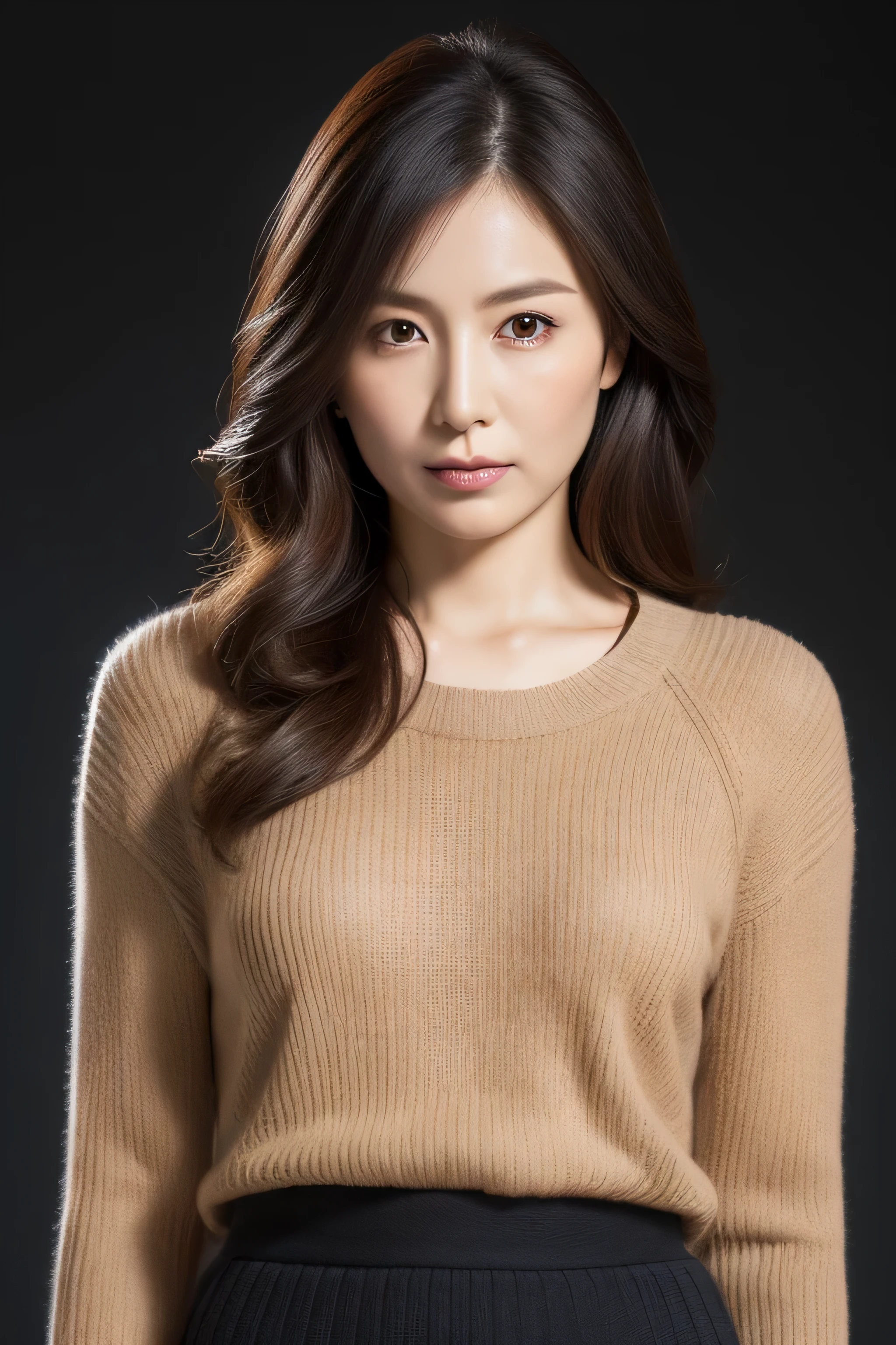 ultra high resolution, masterpiece, rough skin, very detailed, Photoreal, professional lighting, Depth of written boundary, sharp, gray background, (Front view:1.2),(japanese mature, 38 year old woman is sexy), detailed face, beautiful eyes, bangs, well-shaped small breasts, light brown straight hair, faint lips, (Catch Eye:1.3),((stand in front、look at the audience, serious face eyes.)), sweater, skirt, theta, full body photo, cowboy shot