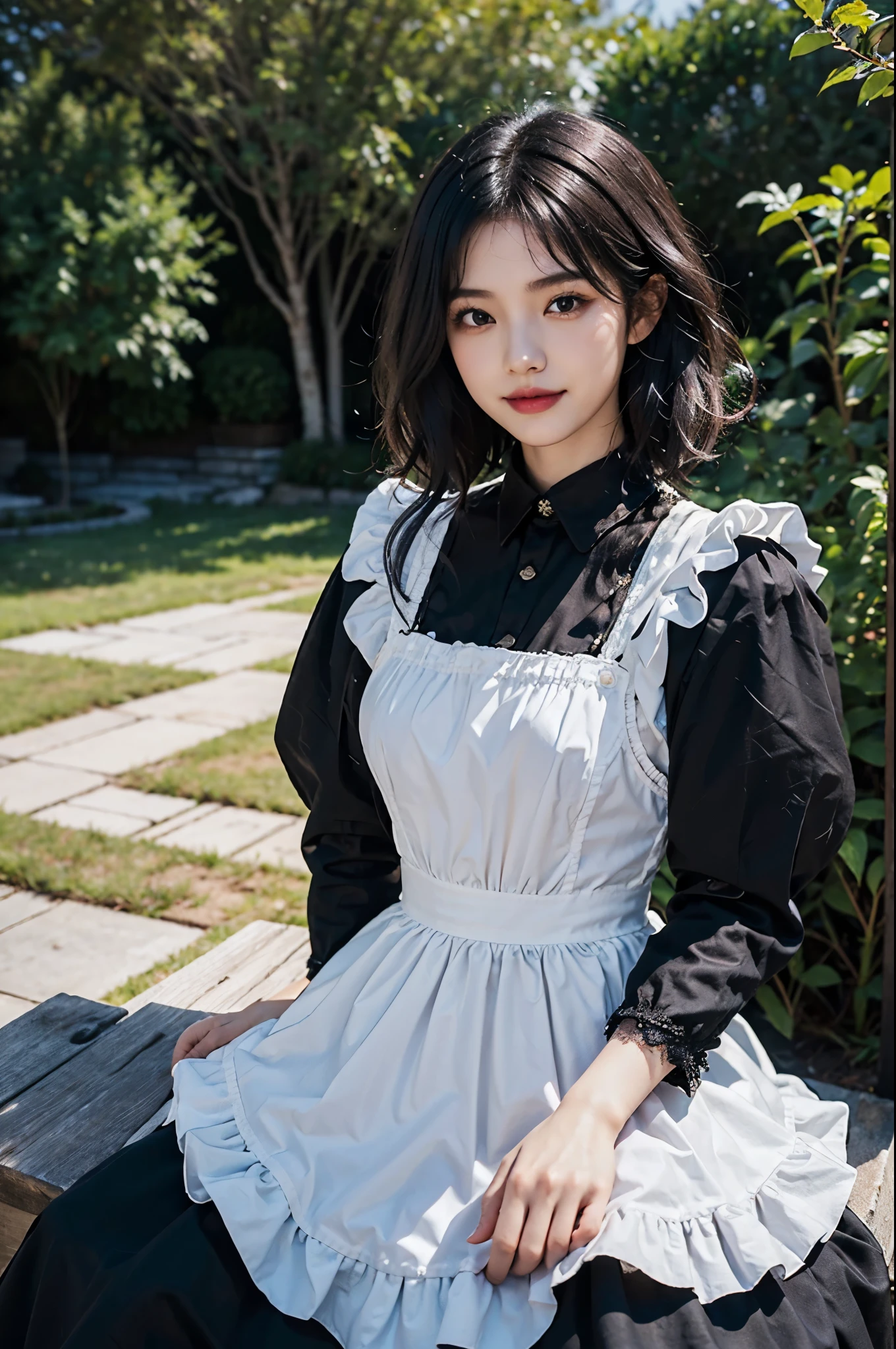 1girl, solo, (22 years old), (japanese:1.3), gravure idol, (medium breasts), black hair, (short hair:1.2), (wavy hair:1.2), ((light) pink lips), closed mouth, (smiling:0.8),
LO DRESS, GOTHIC, DETACHED SLEEVES, LONG SLEEVES, WIDE SLEEVES, maid, ((black:1.2) gothic maid dress), (white apron),
looking at viewer, (upper body), (beautiful arms:1.2), (front view),
BRAKE, (outdoors:1.4), sitting on garden,
photo, photo realistic, (photorealistic:1.4), best quality, high quality, 4K, RAW, masterpiece, realistic lightning, beautiful face,