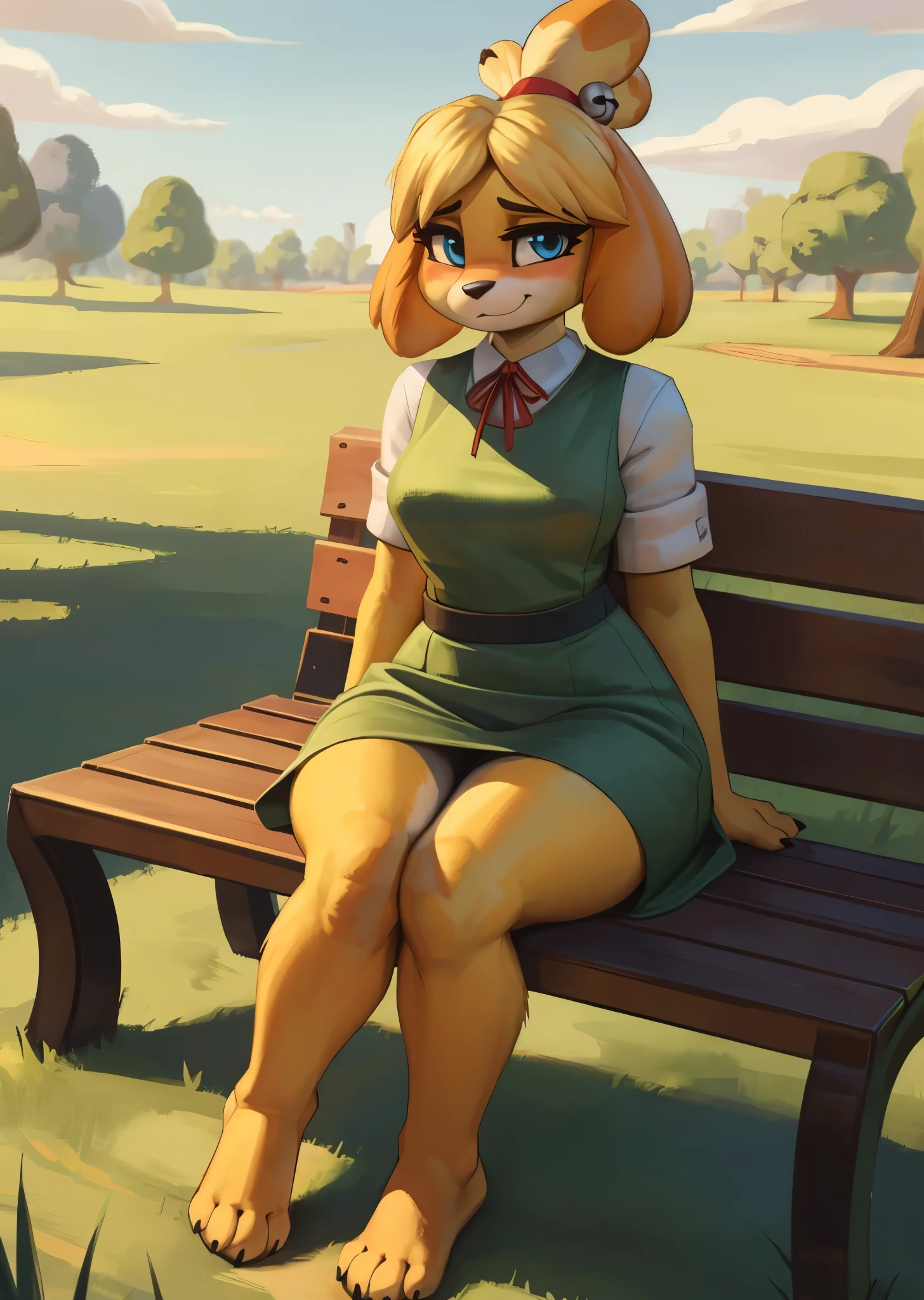 [isaCrossing], [Isabelle], [Animal Crossing], [Uploaded to e621.net; (Pixelsketcher), (wamudraws)], ((masterpiece)), ((HD)), ((high res)), ((solo portrait)), ((front view)), ((ass focus)), ((feet visible)), ((furry; anthro)), ((detailed fur)), ((detailed shading)), ((beautiful render art)), {anthro; (slim figure), yellow fur, black nose, (cute blue eyes), (blonde hair), (bells in hair), topknot, fluffy tail, (sharp black claws), (curvy hips), (beautiful legs), (beautiful feet), (blushing), (cute smirk)}, (nervous expression)}, {(red ribbon in hair), (short green flowy dress)}, {(sitting on bench), (nervous demeanor), looking at viewer)}, [background; (park), (grass plains), (beaten path), (blue sky), (sun rays), (ambient lighting)]