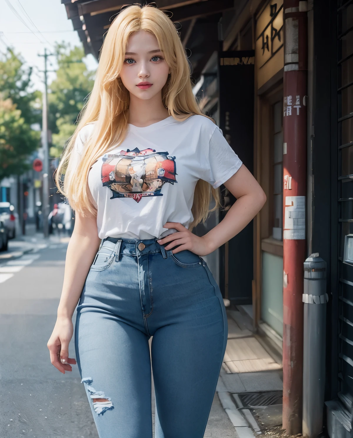 1girl, Blue eyes, (smile), (Sana Minatozaki), (wide hips :1.3), Big , (big ass), (Best Quality, 8k, Masterpiece: 1.3), perfect hands, Clear Focus: 1.2, Perfect Body Beauty: 1.4, Highly detailed face and skin texture, detailed eyes, double eyelids, red lips, (blonde long straight hair :1.3), (tight t-shirt :1.3), (rip jeans :1.4), (standing), (dynamic pose), in a japanese town