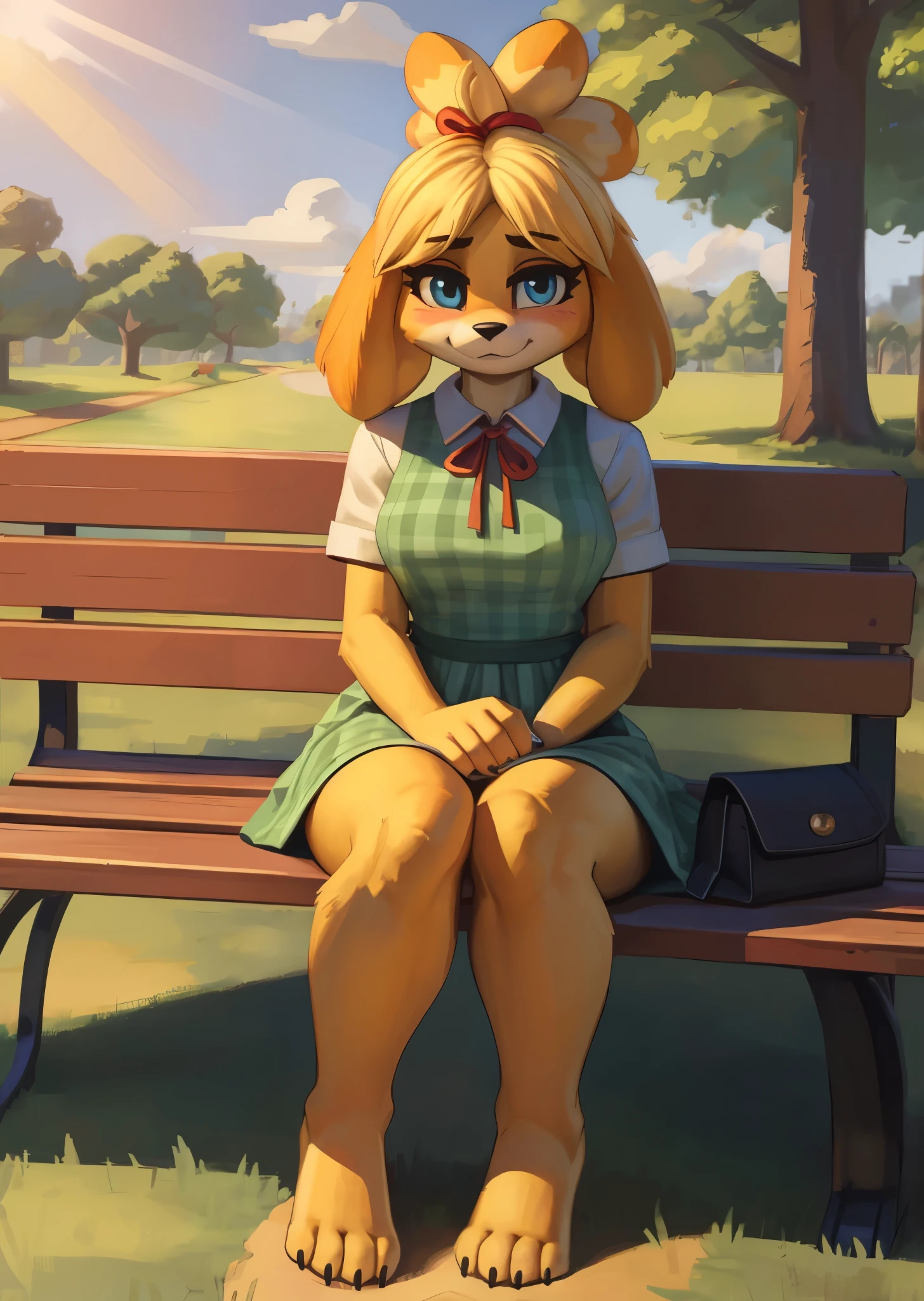 [isaCrossing], [Isabelle], [Animal Crossing], [Uploaded to e621.net; (Pixelsketcher), (wamudraws)], ((masterpiece)), ((HD)), ((high res)), ((solo portrait)), ((front view)), ((ass focus)), ((feet visible)), ((furry; anthro)), ((detailed fur)), ((detailed shading)), ((beautiful render art)), {anthro; (slim figure), yellow fur, black nose, (cute blue eyes), (blonde hair), (bells in hair), topknot, fluffy tail, (sharp black claws), (curvy hips), (beautiful legs), (beautiful feet), (blushing), (cute smirk)}, (nervous expression)}, {(red ribbon in hair), (short green flowy dress)}, {(sitting on bench), (nervous demeanor), (hands in lap), looking at viewer)}, [background; (park), (grass plains), (beaten path), (blue sky), (sun rays), (ambient lighting)]