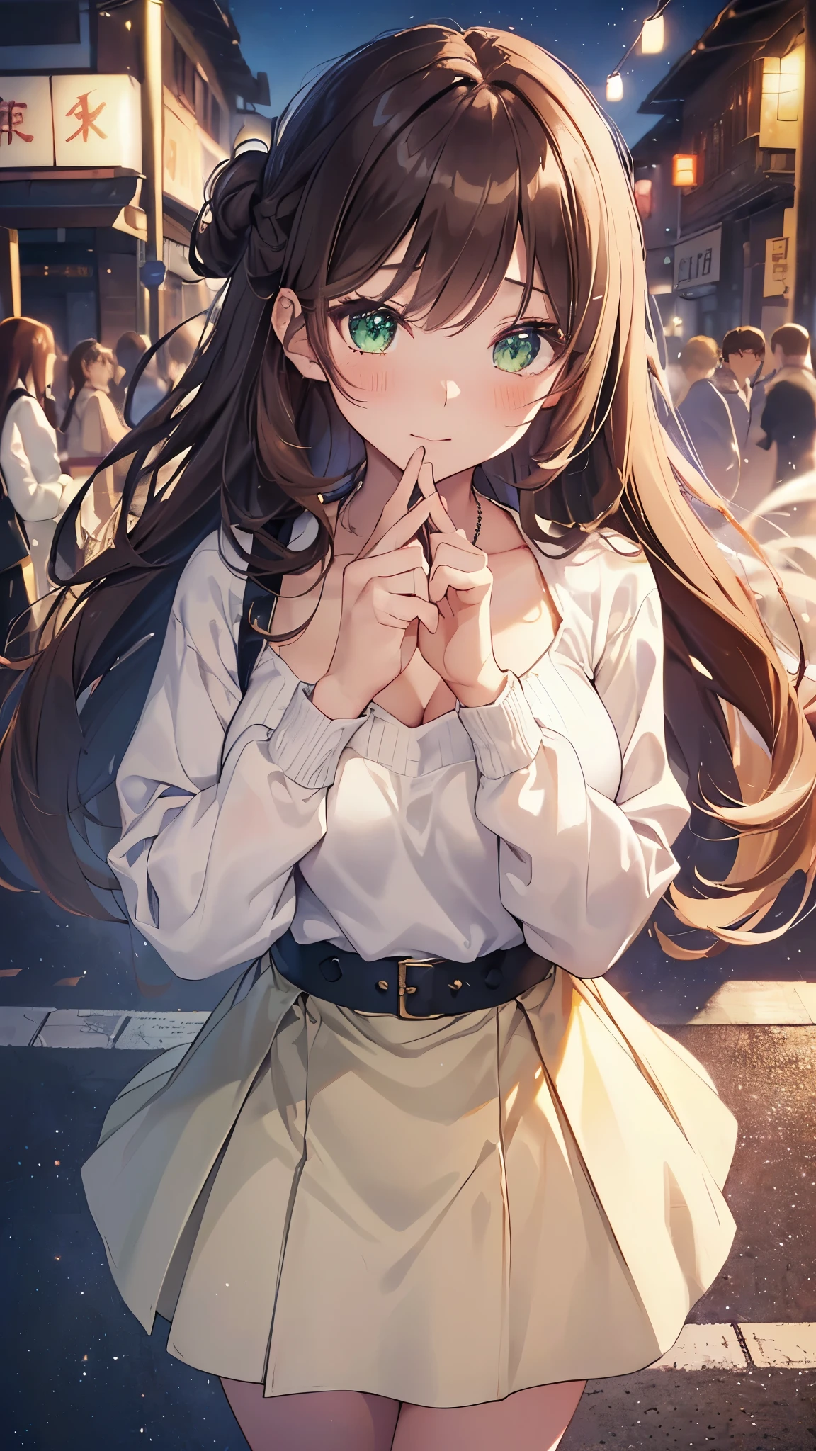 ((table top, highest quality, High resolution, nffsw, perfect pixel, Depth of bounds written, 4K, nffsw, nffsw))), 1 girl, single, alone, beautiful anime girl, beautiful art style, anime character, 24-years-old, ((long hair, bangs, dark brown hair, curly hair:1.2, hairpin)), ((detailed face, blush:1.2)), ((green eyes:1.8, glitter effect, detailed eyelashes)), ((smooth texture:0.75, realistic texture:0.5, Anime CG style)), ((medium breasts, cleavage:0.95)), dynamic angle, Big breasts, perfect body, ((close, throw, portrait, Hold your face)), ((white sweater, skirt:1.5, skirtの折り目, プリーツskirtスタイル, sliver necklace)), ((Visible good strap, good strap)), night, 常night灯, Bokeh:1.4, (outdoor, city buildings, a large crowd gathers), (Snazzy, handbag)