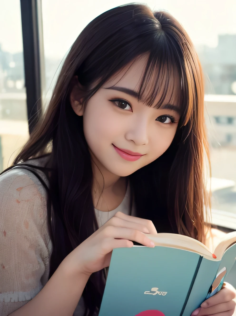 1 girl, black hair, (:1.4), Girl sitting at a table opposite a café, Latte on the table, (reading a book:1.3), (whole body:1.3), a loving gaze, (8K, RAW photo, highest quality, masterpiece:1.2), High-definition RAW color photos, professional photos,(realistic, photo realistic:1.2), ((highest quality)), (Bokeh:1.4), using a reflector, f/1.4, 50mm, japanese girl, detailed beautiful face, detailed face, (shy smile:1.2),enchanting smile, beautiful, very pretty, cute like a doll, female idol, round big eyes, droopy eyes, small nostrils,