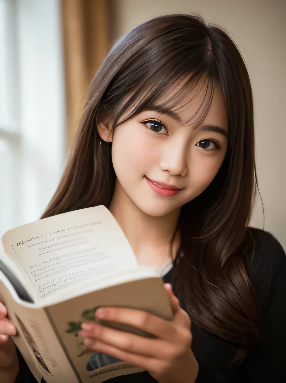 1 girl, black hair, (14 years old:1.4), Girl sitting at a table opposite a café, Latte on the table, (reading a book:1.3), (whole body:1.3), a loving gaze, (8K, RAW photo, highest quality, masterpiece:1.2), High-definition RAW color photos, professional photos,(realistic, photo realistic:1.2), ((highest quality)), (Bokeh:1.4), using a reflector, f/1.4, 50mm, japanese girl, detailed beautiful face, detailed face, (shy smile:1.2),enchanting smile, beautiful, very pretty, cute like a doll, female idol, round big eyes, droopy eyes, small nostrils,