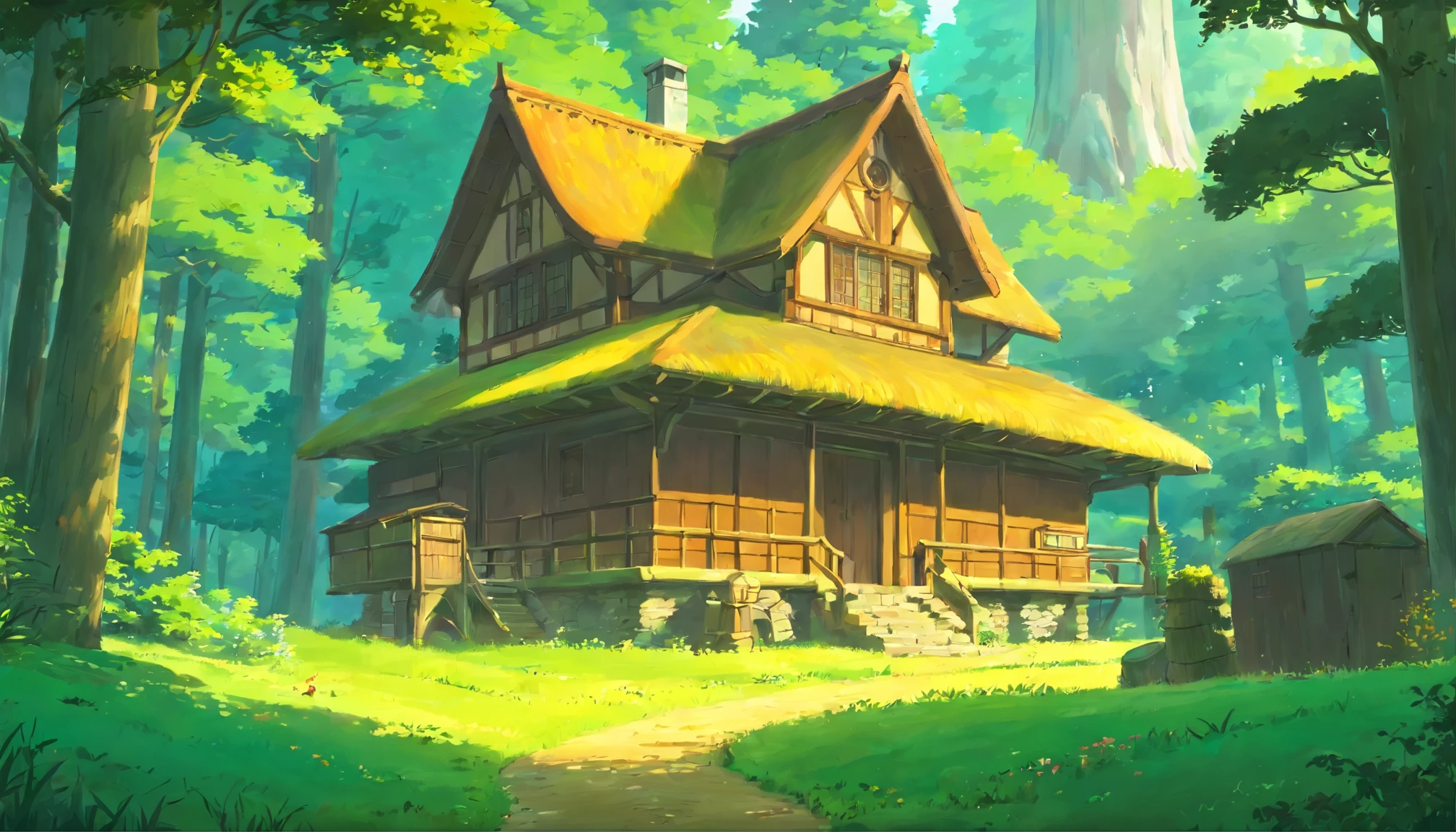 A house in the forest seen from a distance, nostalgic, Warm atmosphere, Stylish atmosphere, Healed, spectacular atmosphere, There is firewood