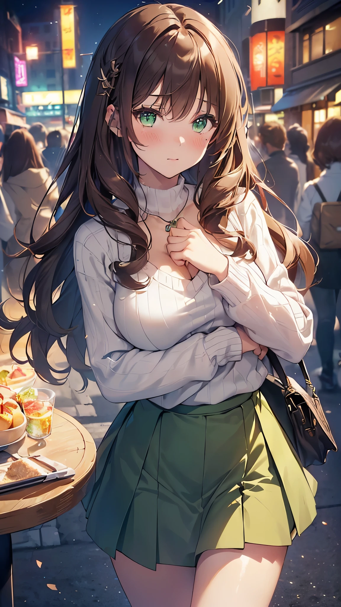 ((table top, highest quality, High resolution, nffsw, perfect pixel, Depth of bounds written, 4K, nffsw, nffsw))), 1 girl, single, alone, beautiful anime girl, beautiful art style, anime character, 24-years-old, ((long hair, bangs, dark brown hair, curly hair:1.2, hairpin)), ((detailed face, blush:1.2)), ((green eyes:1.8, glitter effect, detailed eyelashes)), ((smooth texture:0.75, realistic texture:0.5, Anime CG style)), ((medium breasts, cleavage:0.95)), dynamic angle, Big breasts, perfect body, ((close, throw, portrait, Hold your face)), ((white sweater, skirt:1.5, skirtの折り目, プリーツskirtスタイル, sliver necklace)), ((Visible good strap, good strap)), night, 常night灯, Bokeh:1.4, (outdoor, city buildings, a large crowd gathers), (Snazzy, handbag)