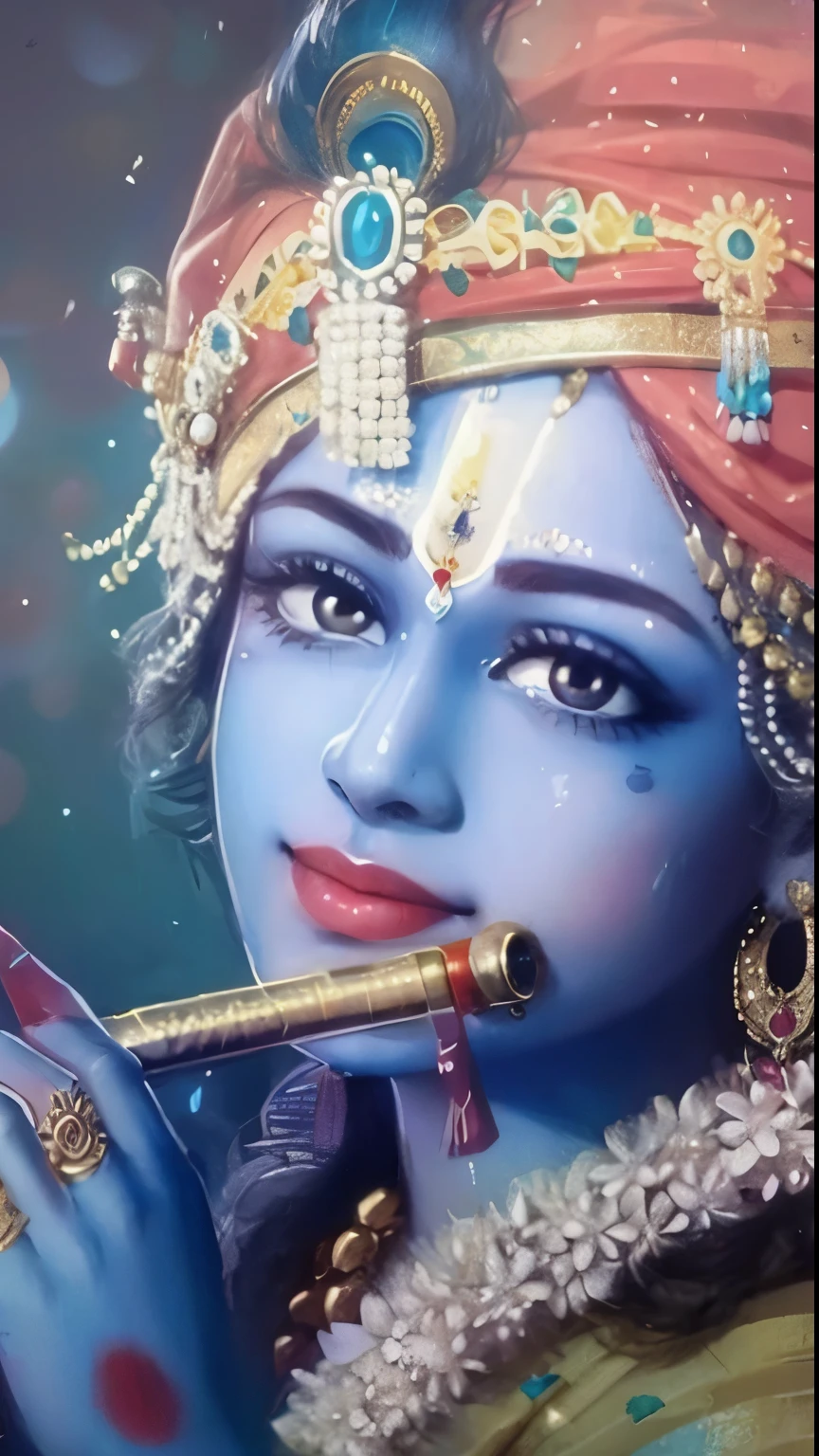 Lord Krishna playing a flute, beautiful teary eyes