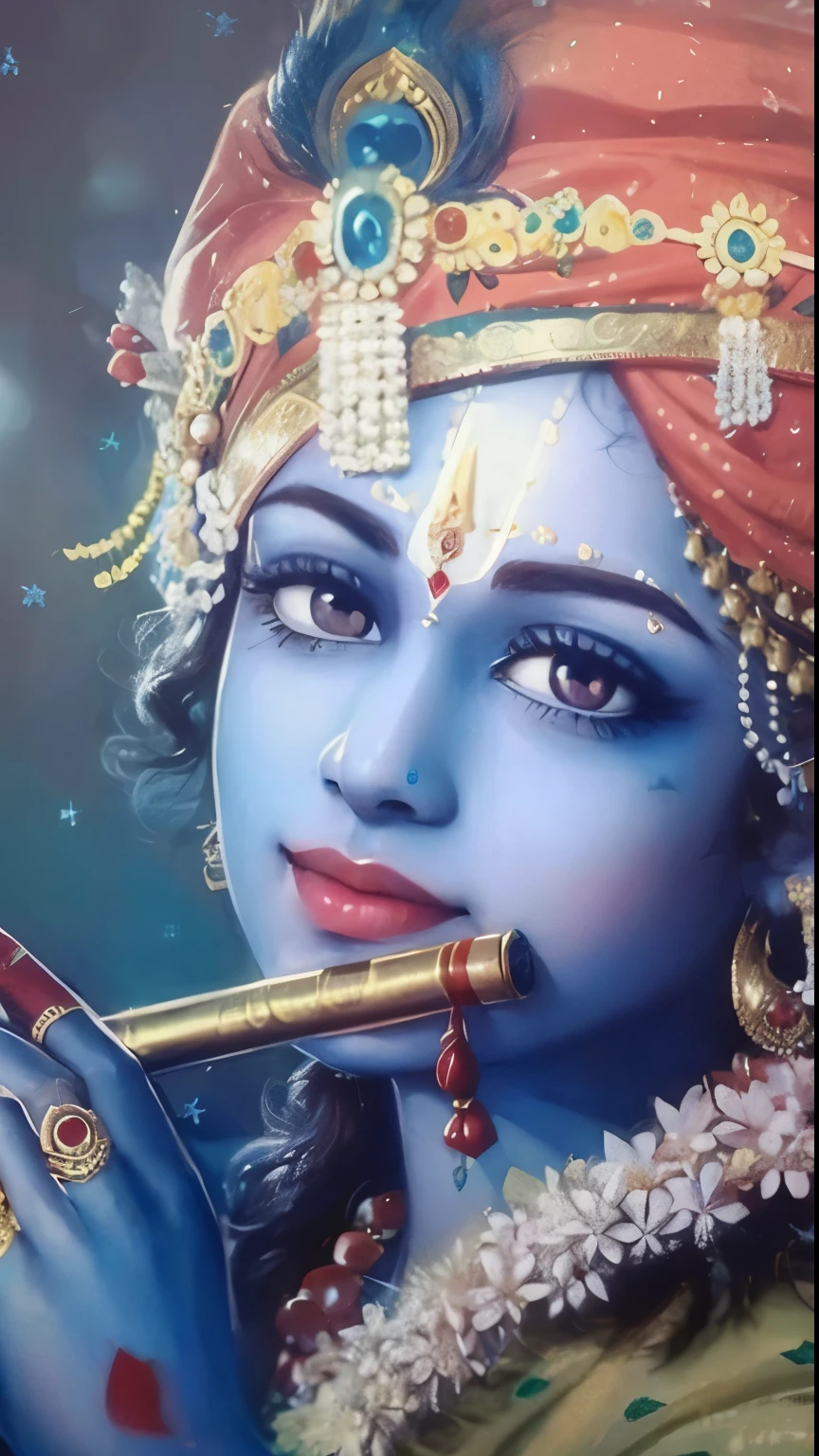 Lord Krishna playing a flute, beautiful teary eyes