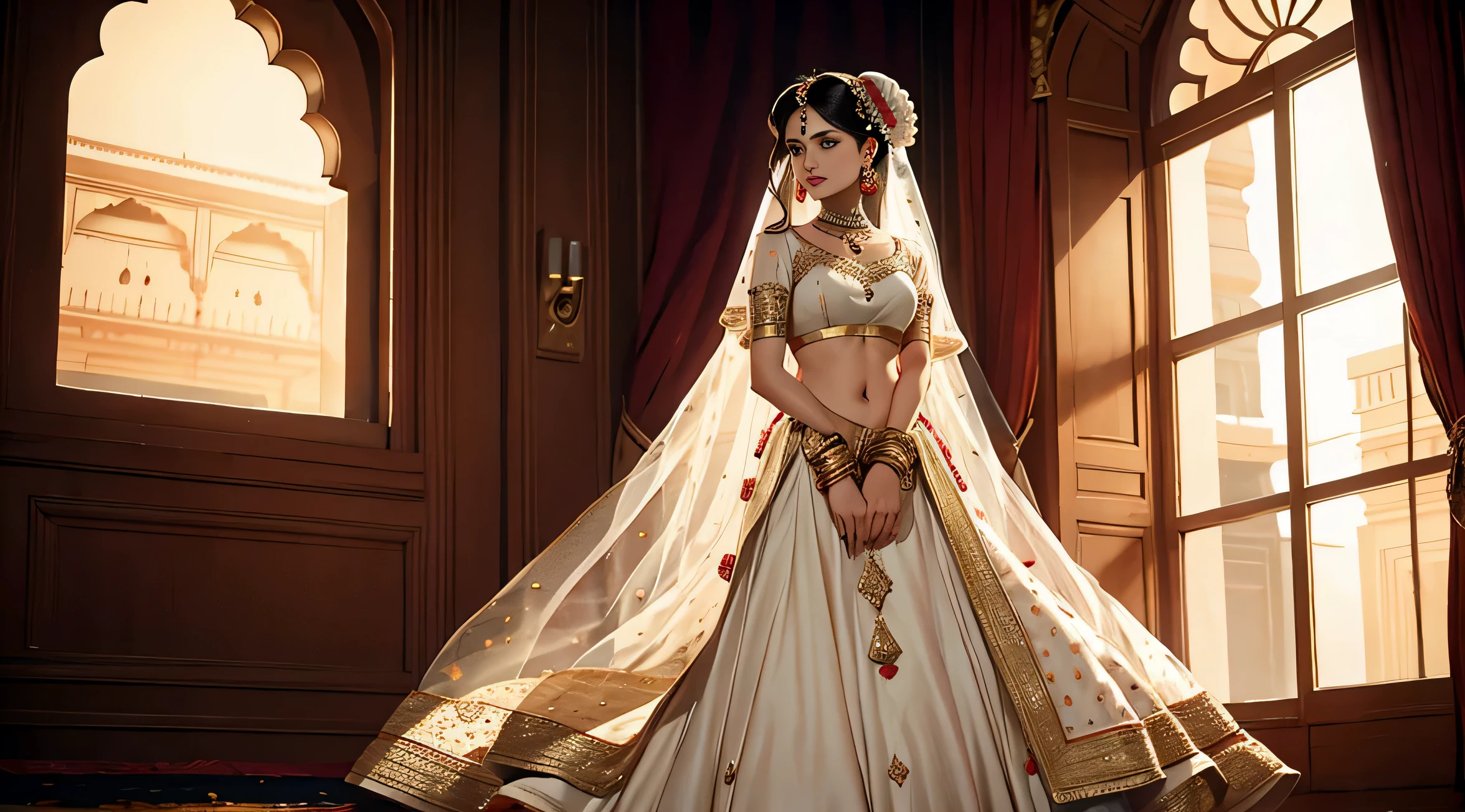 indian princess, standing beside a window, lehenga, cinematic, royal