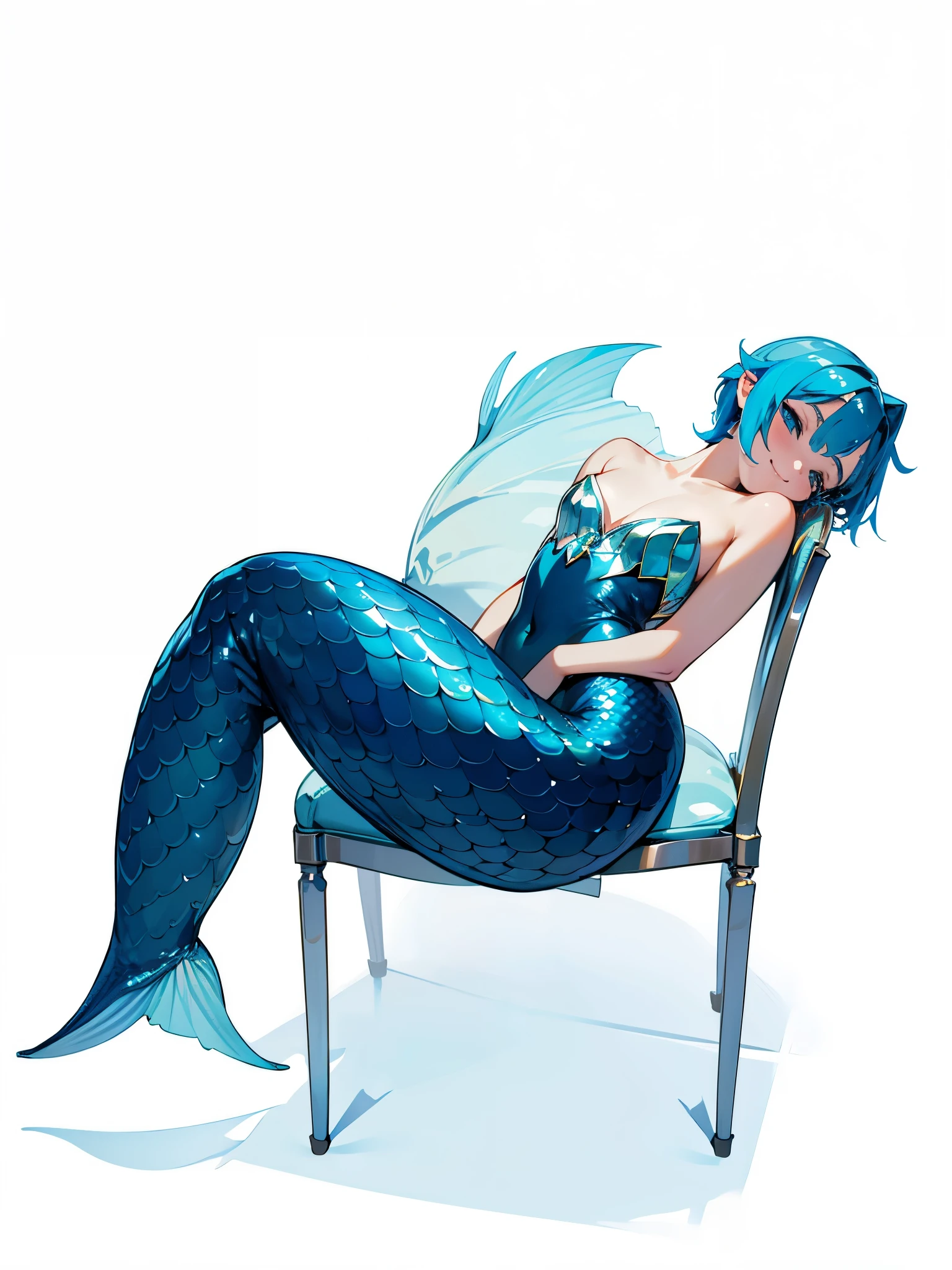 Mermaid blue, all skin blue, short blue hair, mermaid, sitting and lying on a chair smiling , side view sitting mermaid, girl lying around , side view, fullbody mermaid, blue skin, prone , lie head down
