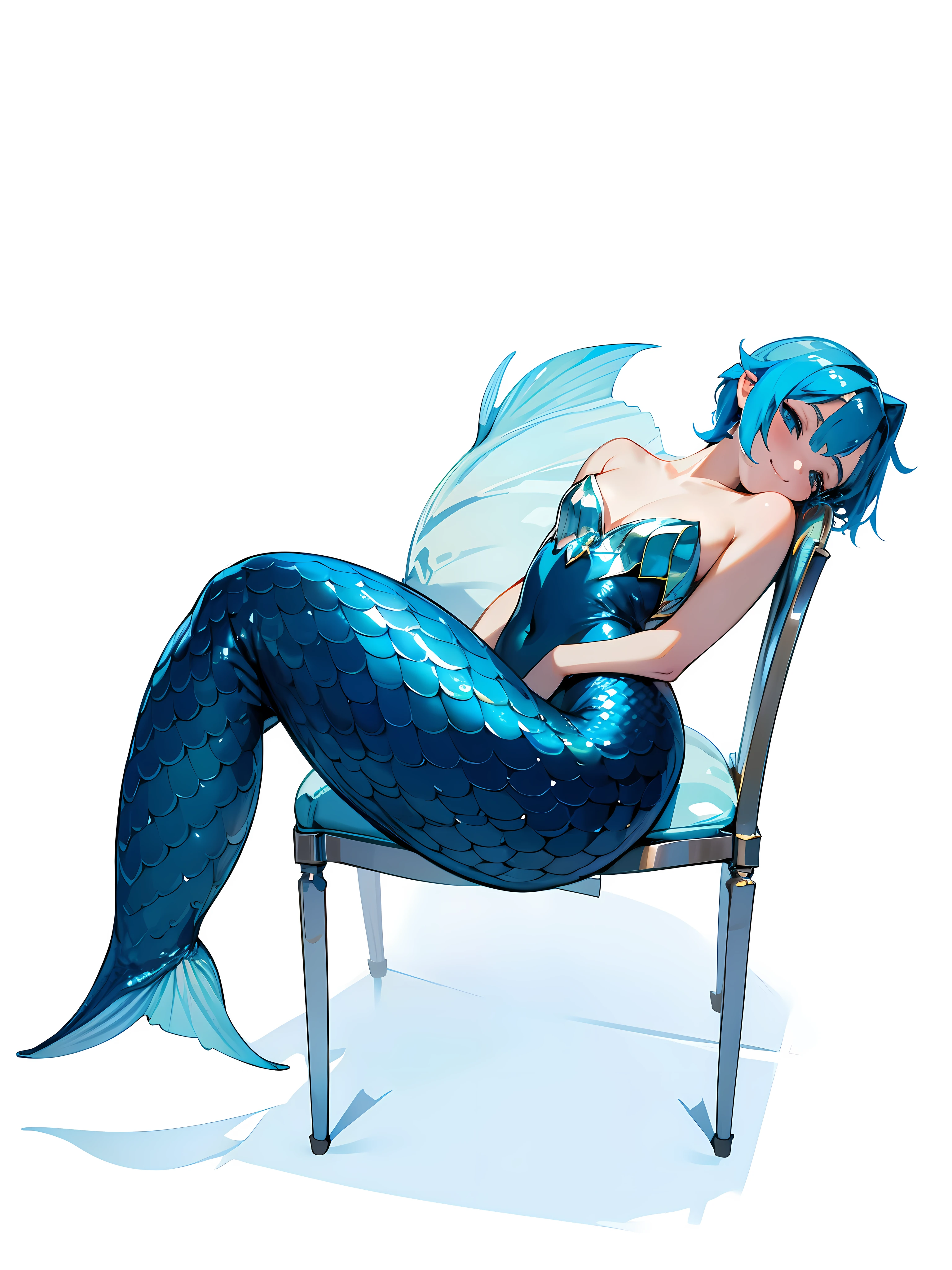 Mermaid blue, all skin blue, short blue hair, mermaid, sitting and lying on a chair smiling , side view sitting mermaid, girl lying around , side view, fullbody mermaid, blue skin, prone , lie head down