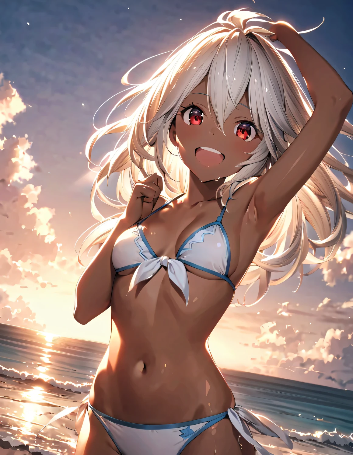 1girl Grabble_fantasy zooey_(Grabble_fantasy) zooey_(summer)_(Grabble_fantasy) arm_up armpits beach bikini blue_sky breast cleavage cloud dark skin_female dark_skin front tie_bikini_top front-tie_Go to primary school_ ocean official_alternate_costume open_mouth outdoor sky solo swimsuit shiny_skin wet teeth upper_teeth_only red_eyes white_bikini white_hair cowboy shots
, masterpiece, highest quality, 8K,figure,(detailed lighting),UHD, Anime Skins