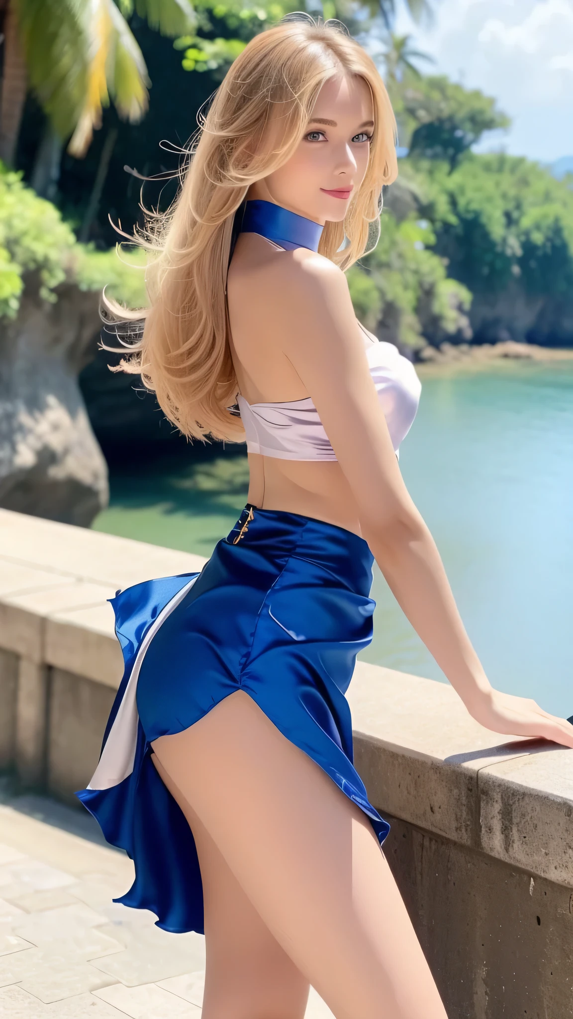 （full body figure:1.2）, （nine heads and bodies:2.0）, (thin thighs), （thin and long legs: 2.0）, (pumps:1.2), Transparent white glossy skin, 25 years old, cute sexy little handsome face, thin face, pink lips, parted lips, ( Hair parted to one side:1.5), tall light, light blue eyes, sexy face, sexy cute young woman, Long natural blonde shiny hair, choker, ( silky blue sexy tops:1.3), (silky blue tight skirt :1.3), Blonde shiny light hair, natural wavy hair, (intricate details: 1.2), Almond Eyes, (detailed face), Beautiful smile, My cheeks turned red, Medium chest, slender body shape, tight waist, small ass, （people）visible part of the thigh between the skirt of, beautiful hands, thin shoulders, look at the audience, Wind-blowing skirt, woman posing for a photo, Standing facing forward, Composition that shows from above the knees to the head, The sea shining in the morning sun, tropical island, Palm tree
