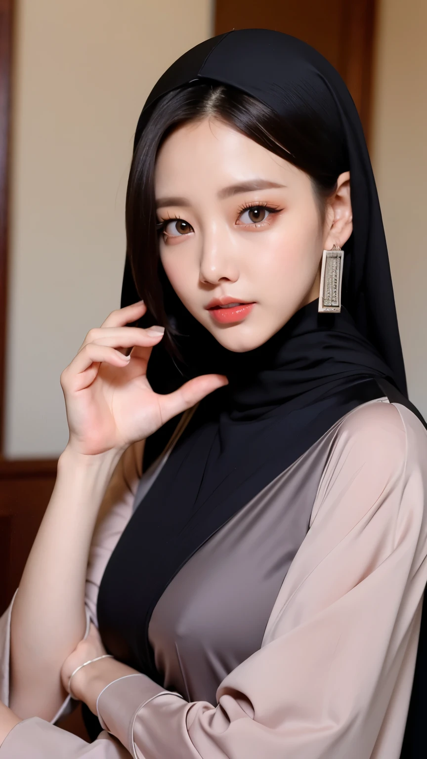 Black hijab collor, girl wear hijab:1.37, ((Best quality, 8k, Masterpiece :1.37)), (wear hijab black girls), girls wear hijab black collor, (girls wearing hijab black moslem), jewelry accessories, girls' rings, girls' mini necklaces, girls' watches, close up photo, (taking pictures from face to thighs:1.37), beautiful face, face bukkake, 19 years old girls, hair black, ultra detailed face, ultra detailed body, slim body, lips smile, Beautiful detailed eyes, eyes korean, detailed nose, Natural Lip, ((Lips Smile)), face smile, Wear hijab moslem, fancy jubba thobbe, lview of the blue sky, Slim Body, body erotic, (undressing nude), realistic face, backround people hijab 