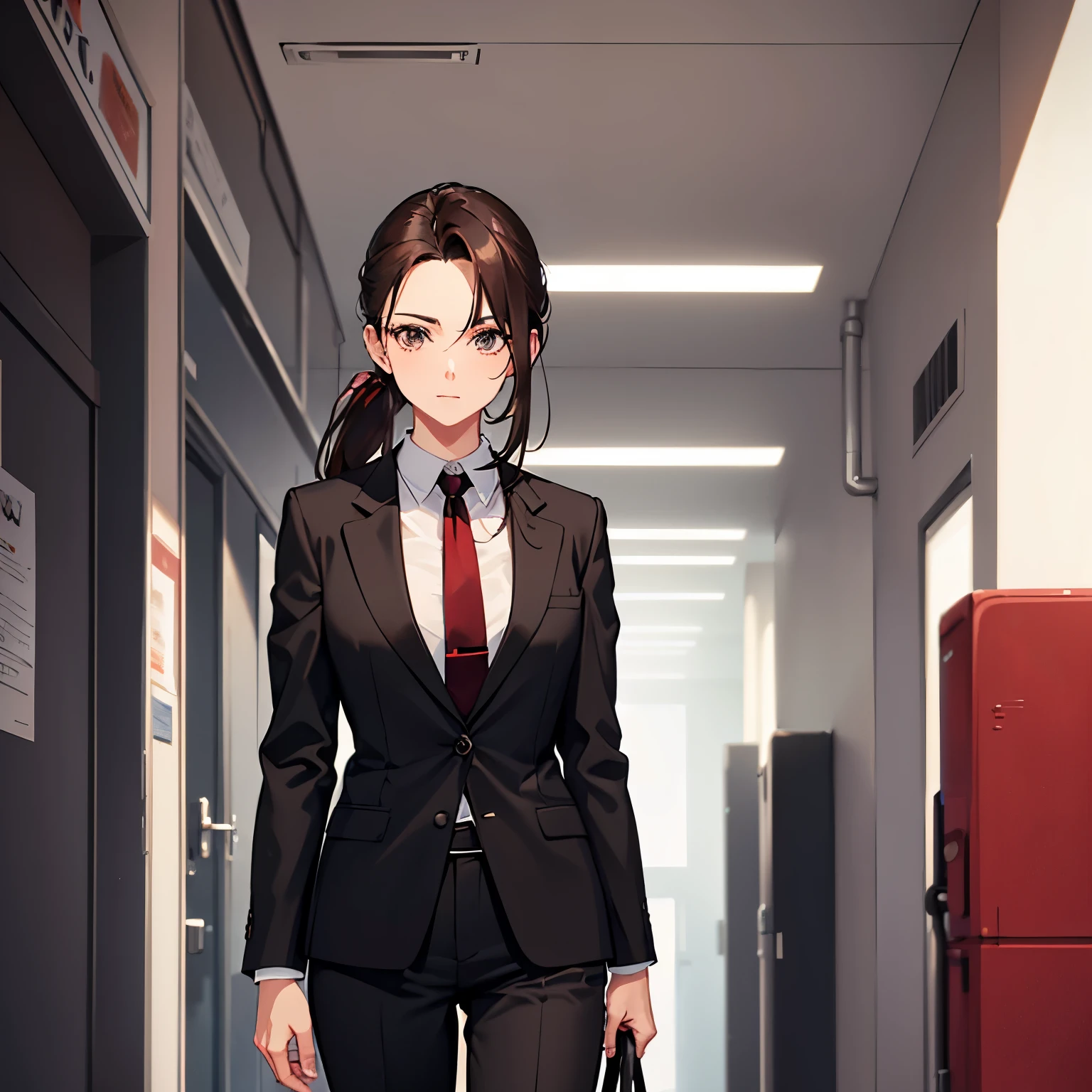 dark brown hair dark brown eyes black business suit red tie 33 years old pants 1 woman short ponytail The color of the business bag is black