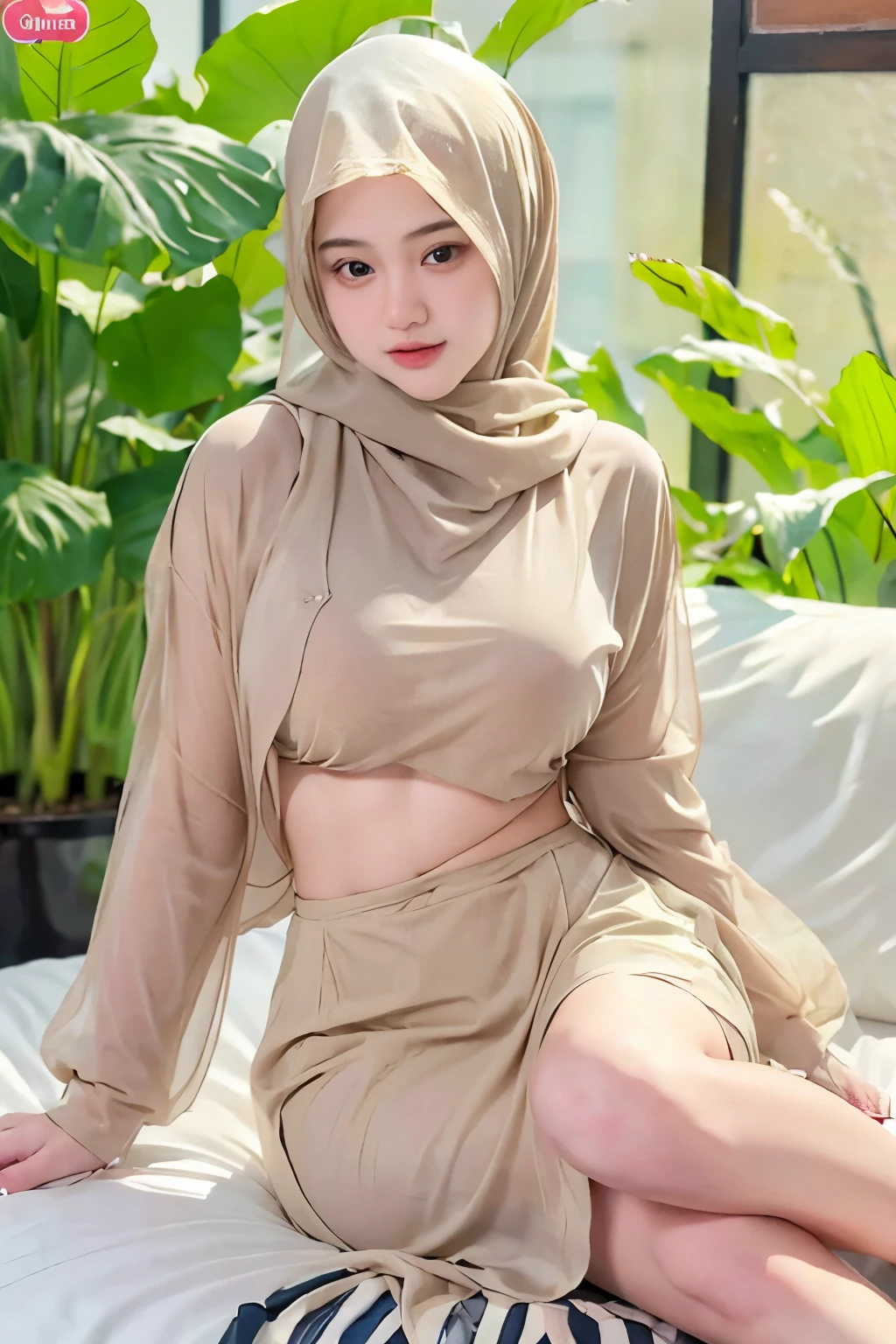Young japanese wearing hijab, Turquoise color hijab, naked, nighttime, front view, , big breast, , slim, slim abs, small waist, big hips, thick thighs, bright lighting, white lighting, detail moist skin pore texture, wrinkles, mole below eyes, bokeh, ((sitting on bed)),sexy body, exposed breast, wearing detailed hijab with transparent silky clothes, lace accents realistic skin, seductive pose, seducing, bend over on bed, sagging big breast, looking viewers, soft focus face, magazine cover, hyper realistic photos. Photo taken with Fujifilm XF 56mm f/1.2 R Lens. 35mm, high detailed, wallpaper quality, good anatomy, body, hand & fingers (lora:add_detail:0.8)