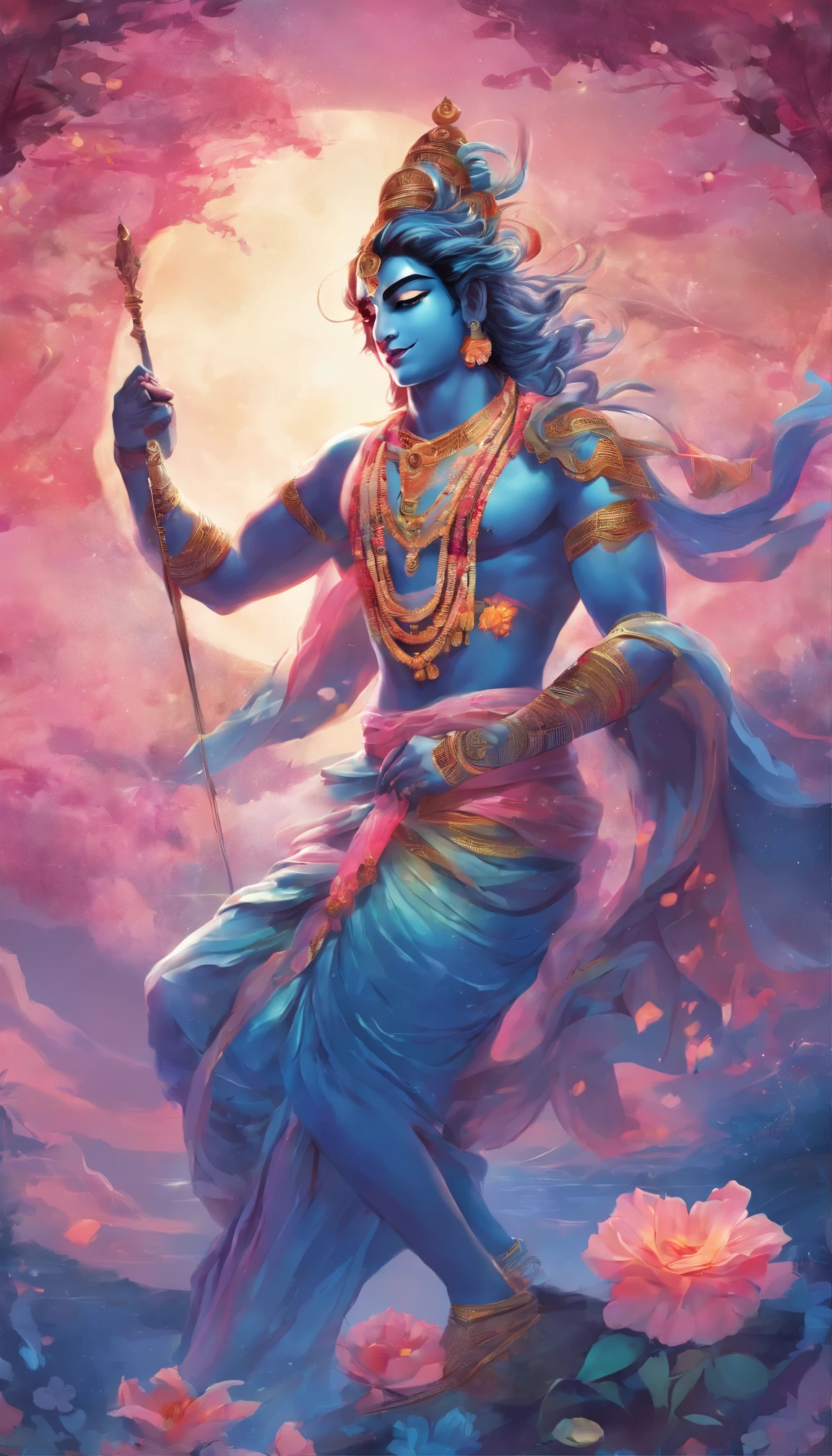 The Stable Diffusion prompt for the theme "Blue skin, Male Lord Krishna, slender, pink hair, a moon, florals, natta, chii" could be:

"Male Lord Krishna with mesmerizing blue skin and a slender figure, adorned with vibrant pink hair. His eyes are captivating and detailed, exuding divine power. The moon shines gracefully in the background, casting a soft glow over a scenic landscape. Beautiful florals surround Lord Krishna, adding to the ethereal atmosphere. The artwork is of the highest quality, with ultra-detailed features and a photorealistic style. The colors are vivid and vibrant, creating an enchanting palette. The lighting is carefully crafted, highlighting the divine presence of Lord Krishna. Natta and chii techniques are incorporated, enhancing the artistic flair of the piece."

Remember, you can add more relevant details or adjust the prompt to suit the specific requirements and style you have in mind.