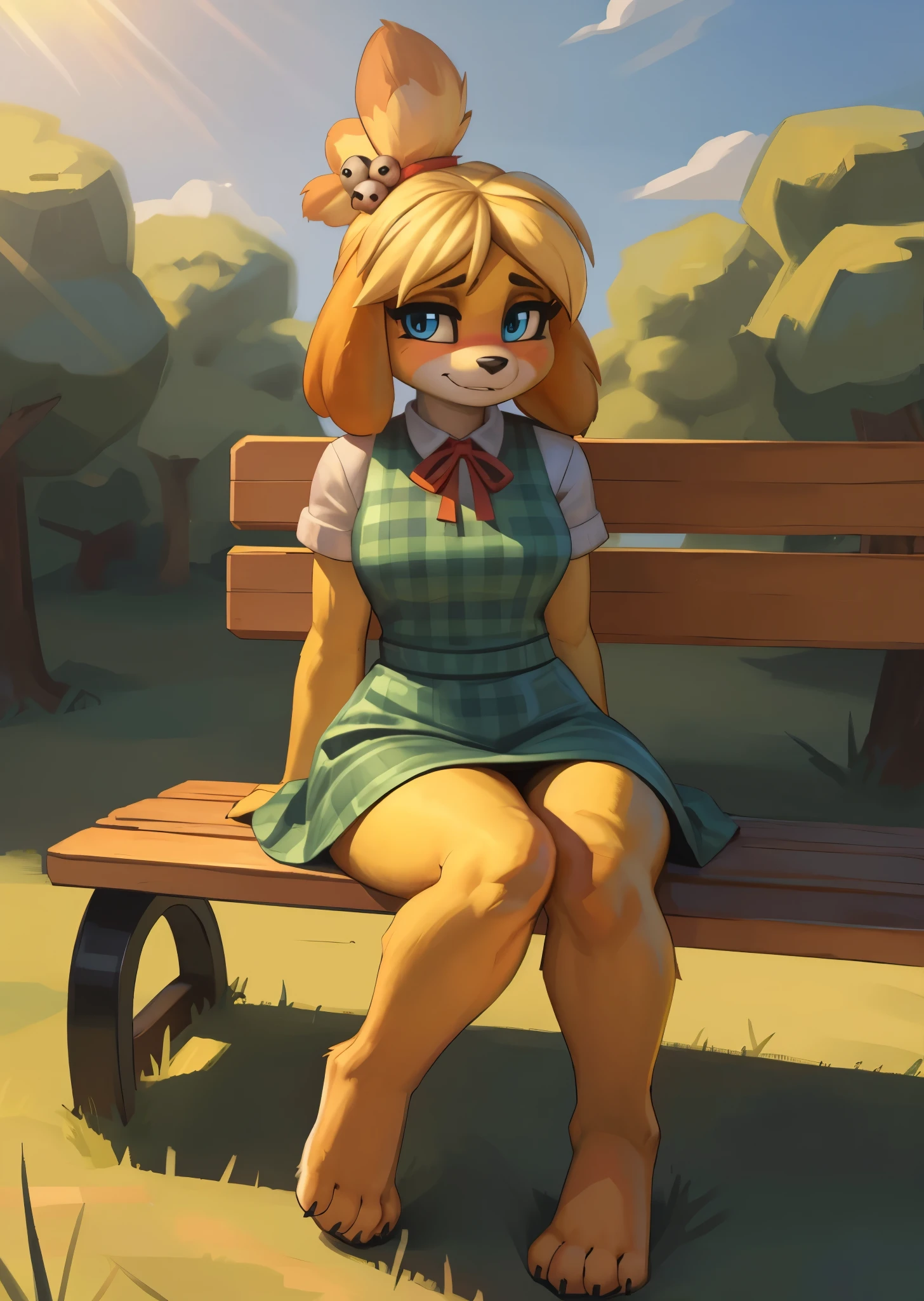 [isaCrossing], [Isabelle], [Animal Crossing], [Uploaded to e621.net; (Pixelsketcher), (wamudraws)], ((masterpiece)), ((HD)), ((high res)), ((solo portrait)), ((front view)), ((feet visible)), ((furry; anthro)), ((detailed fur)), ((detailed shading)), ((beautiful render art)), {anthro; (slim figure), yellow fur, black nose, (cute blue eyes), (blonde hair), (bells in hair), topknot, fluffy tail, (sharp black claws), (curvy hips), (beautiful legs), (beautiful feet), (blushing), (cute smirk)}, (nervous expression)}, {(red ribbon in hair), (short green flowy dress)}, {(sitting on bench), (nervous demeanor), looking at viewer)}, [background; (park), (grass plains), (beaten path), (blue sky), (sun rays), (ambient lighting)]